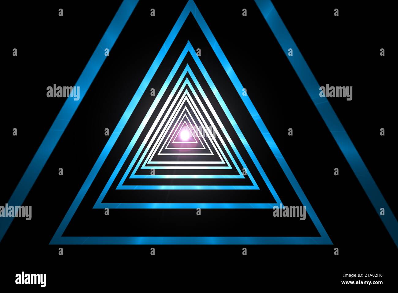 Abstrakte geometrische blaue Verlaufsdreieck-Tunnel-hypnotische Spirale, mit Lichtpunkt auf schwarzem Hintergrund, 3D-Rendering-Illustration des Computers Stockfoto