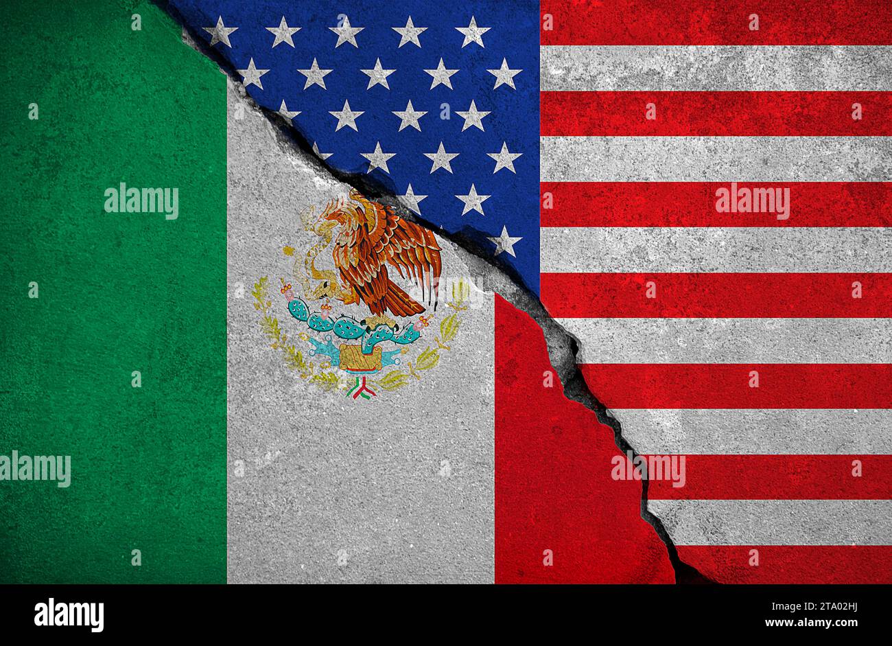 mexikanische Flagge auf zerbrochener Mauer und halb usa Flagge der vereinigten staaten von amerika, Krise trumpft Präsident und mexikaner für den Bau der Trennmauer an der Grenze, Konzept Stockfoto