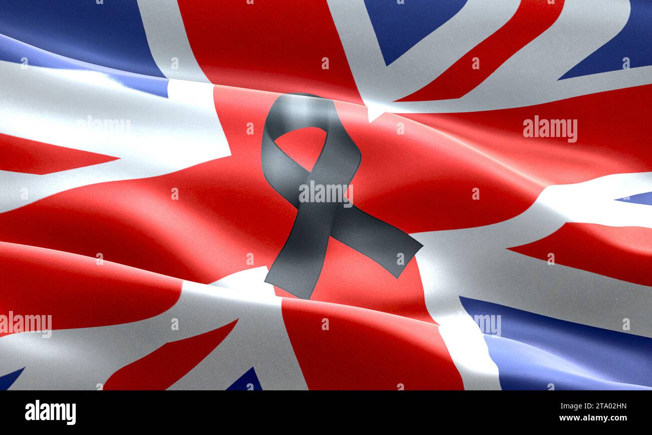 Beten Sie für großbritannien, schwenken Sie die Landesflagge des vereinigten Königreichs mit schwarzem Band, Opfer in großbritannien england, 3D-Illustration Stockfoto