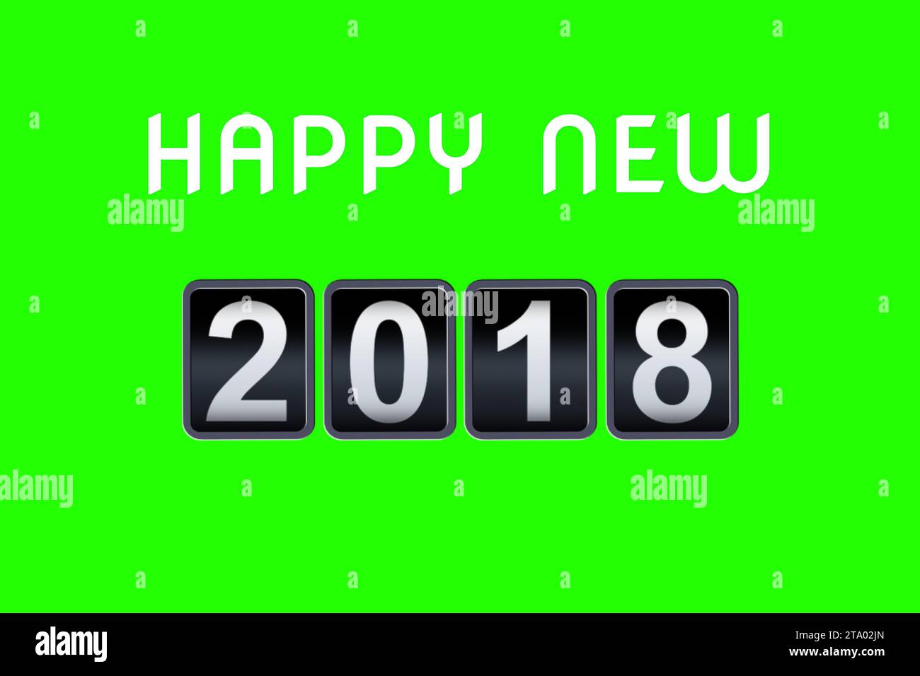 2017 2018 Happy New Year Concept Analog-Zähler, Countdown-Timer im Retro-Flip-Zähler von 2017 bis 2018 Jahren auf grünem Bildschirm mit Chroma-Taste Stockfoto