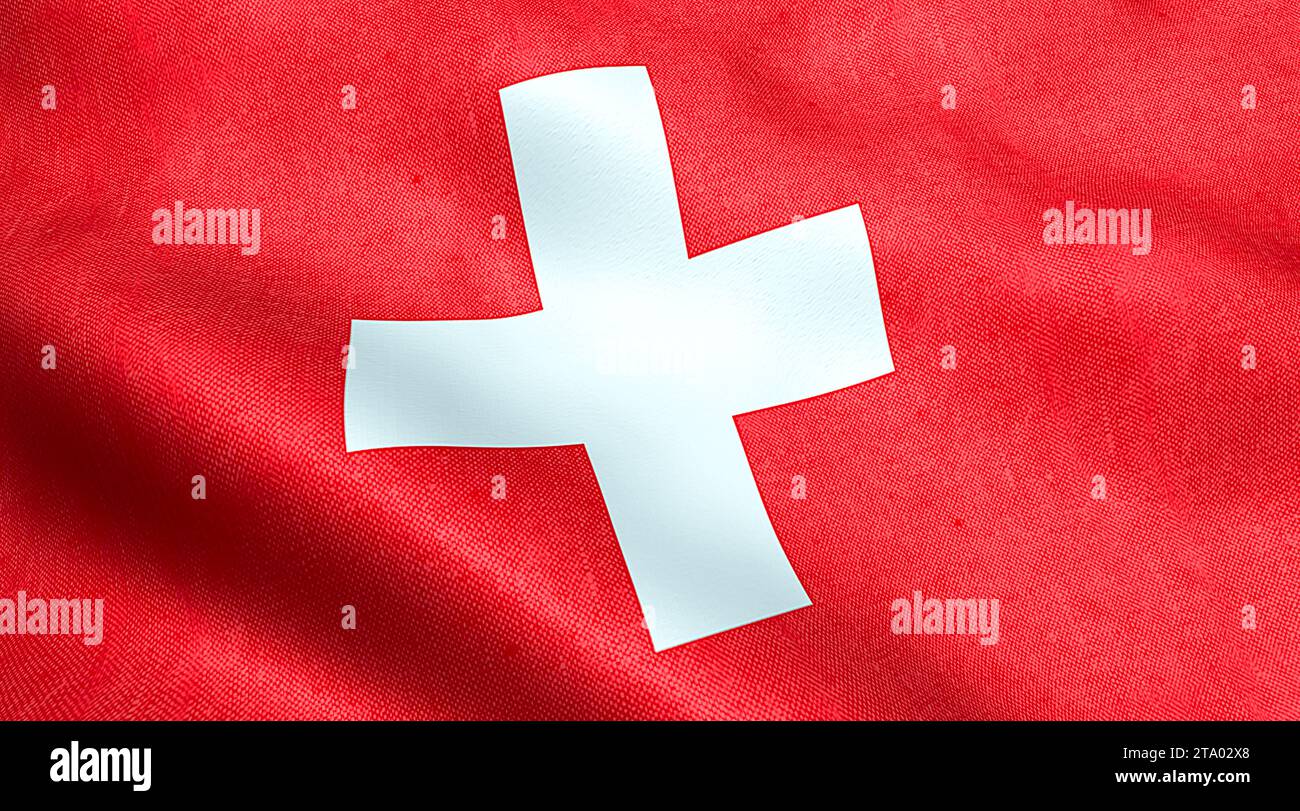 Gewellte Textur der Flagge der schweiz, roter Hintergrund und weißes Kreuz, Symbol der schweiz Stockfoto