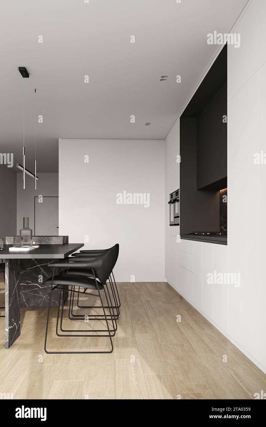 Minimalistisches Küchendesign mit Esstisch aus Marmor und moderner Beleuchtung im 3D-Render Stockfoto