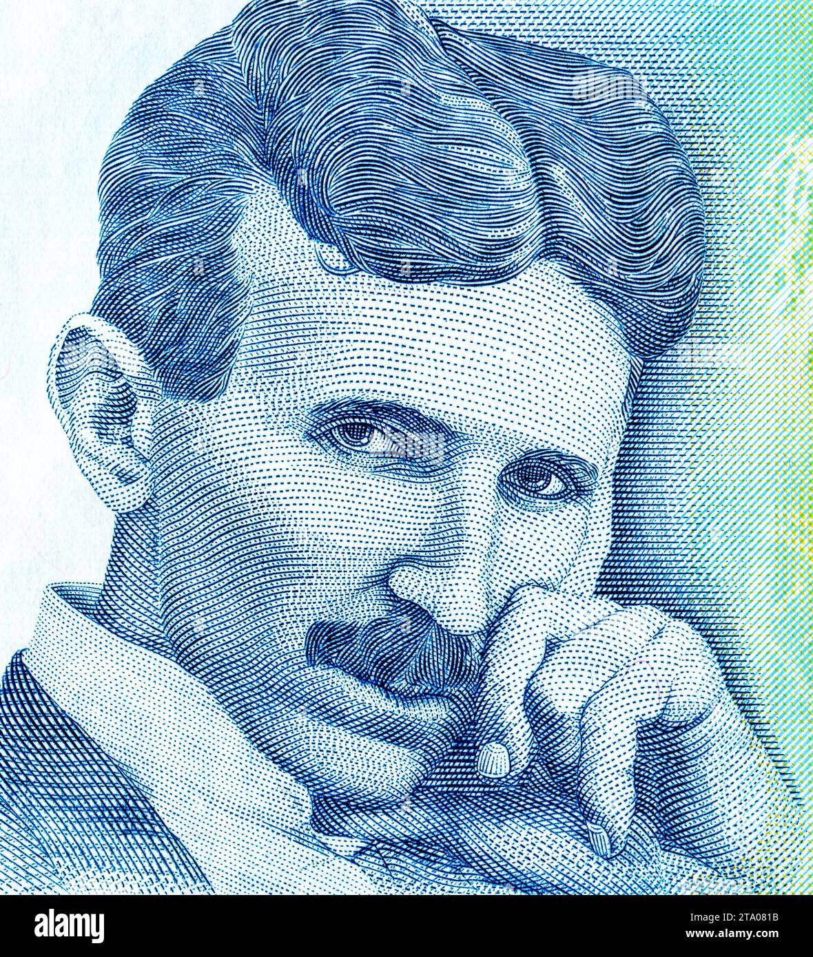 Nikola Tesla (1856–1943). Porträt von serbischer Banknote. Genialer Wissenschaftler, Erfinder, Elektroingenieur, Maschinenbauingenieur und Zukunftsforscher Stockfoto