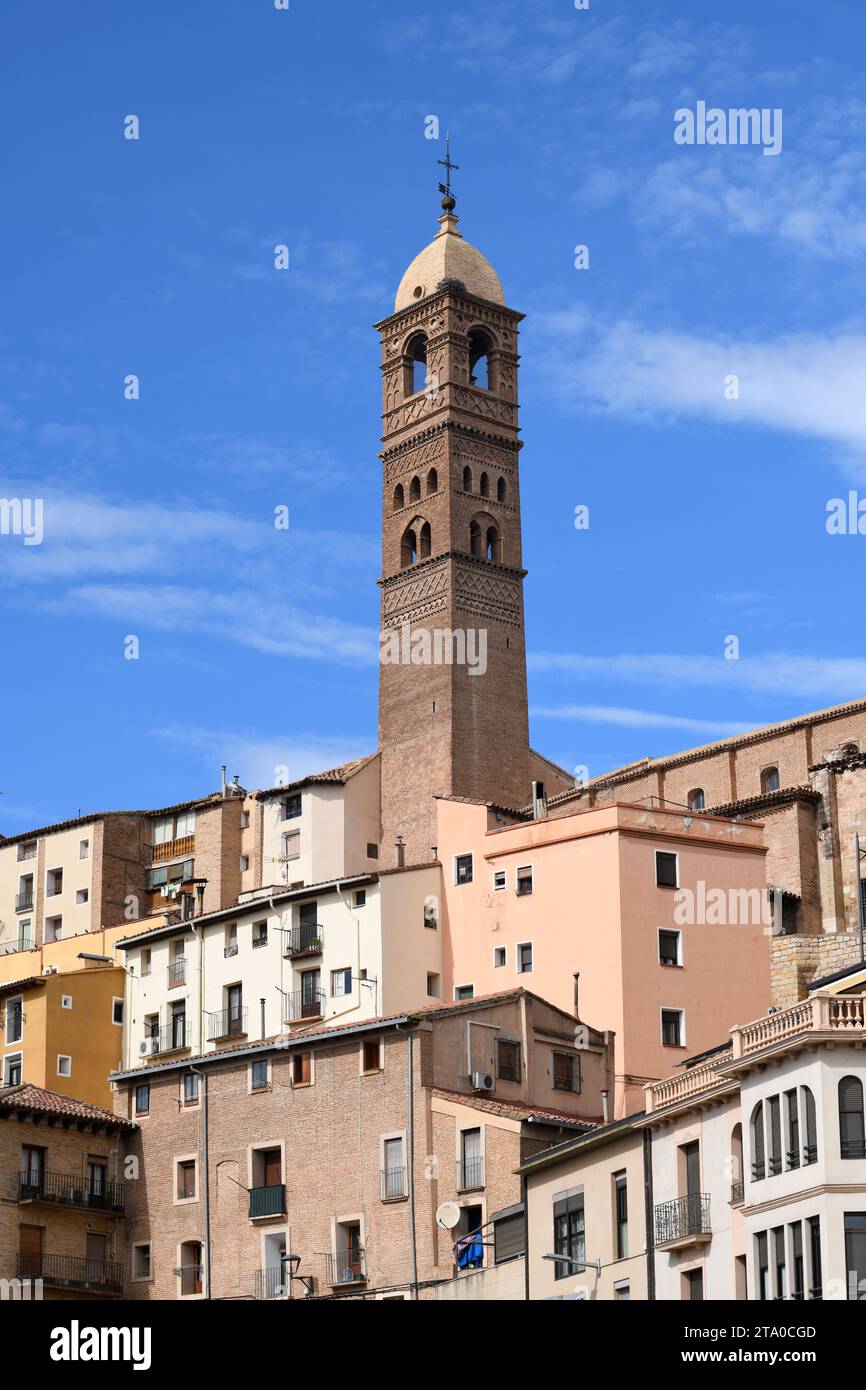 Stadt Tarazona, Kirche Santa María Magdalena (romanische, schlüpfrige und manieristische Kirche aus dem 12. Bis 17.. Jahrhundert). Glockenturm. Zaragoza, Aragón, Spanien. Stockfoto