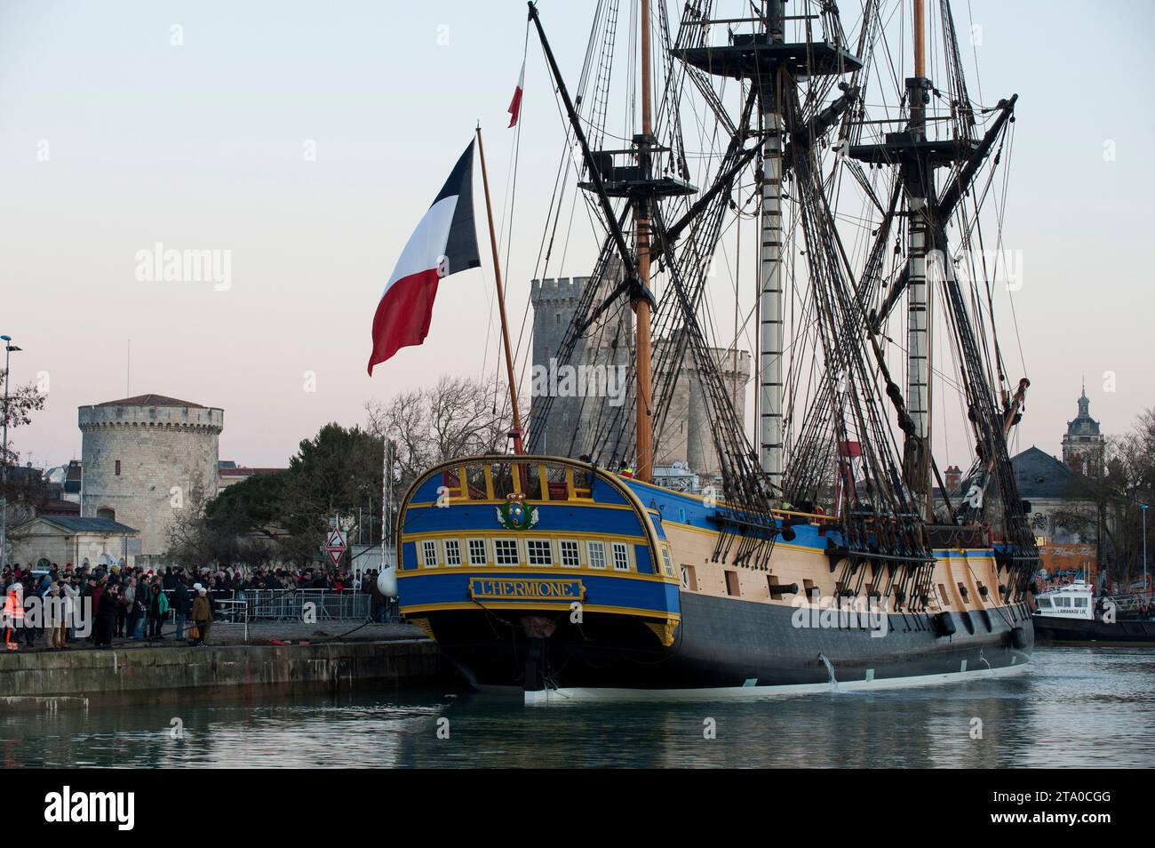 Ankunft im fregate L'Hermione am Bassin des Chalutiers in La Rochelle, Frankreich, am 22. Februar 2015. Foto Olivier Blanchet / DPPI Stockfoto