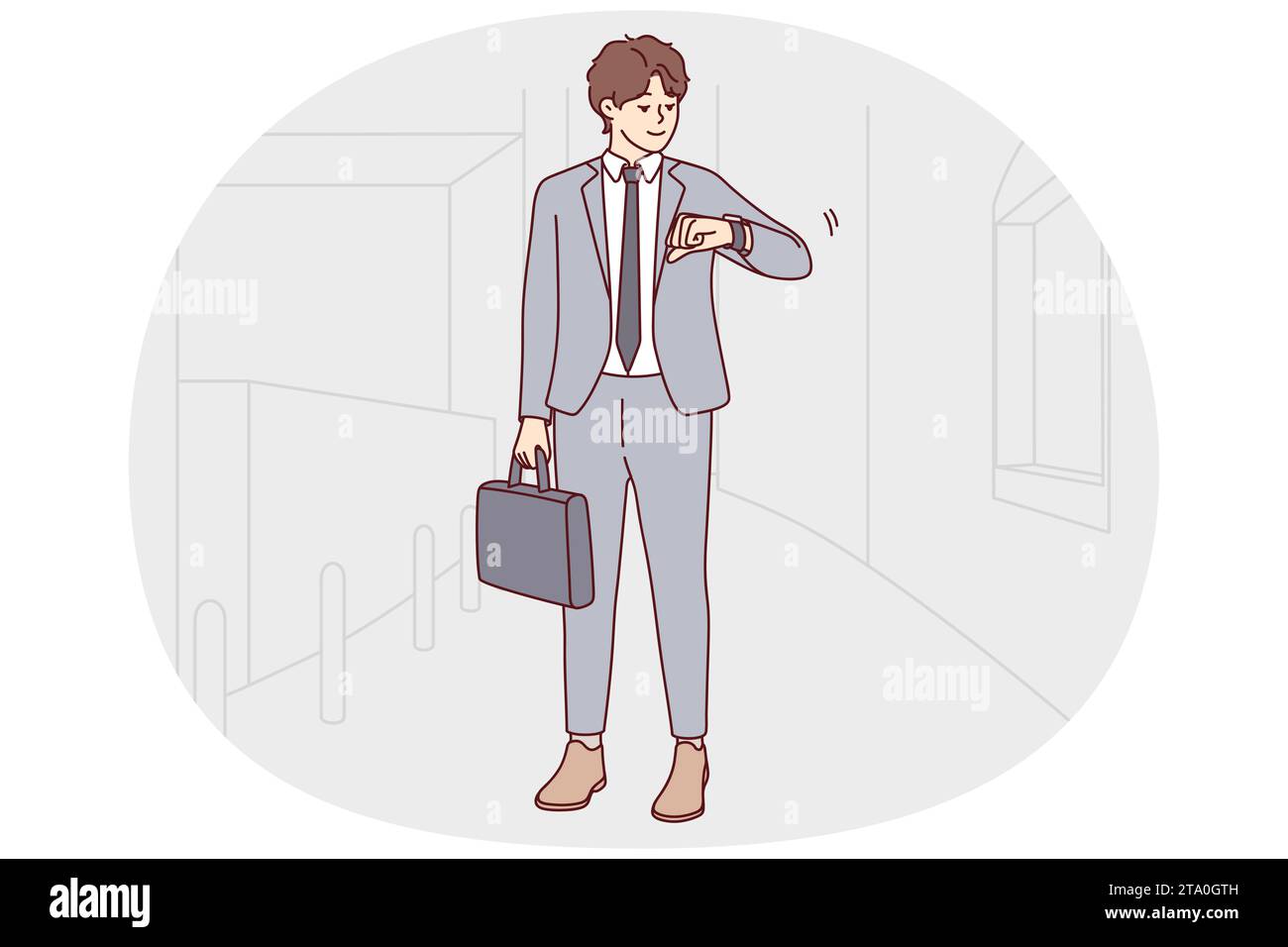 Der junge Geschäftsmann im Anzug schaut sich die Uhrzeit an. Männlicher Mitarbeiter oder Arbeiter denkt an die Einhaltung der Frist oder an einen fehlenden Termin. Zeitmanagement. Vektorgrafik. Stock Vektor