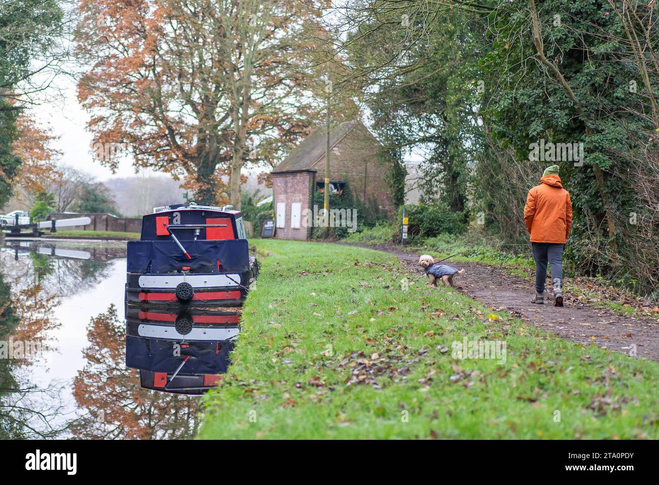 Kidderminster, Großbritannien. November 2023. Wetter in Großbritannien: Es ist ein weiterer kalter Tag in den Midlands mit Temperaturen nur ein paar Grad über dem Gefrierpunkt. Selbst bei Sonneneinbruch bleibt die Temperatur heute sehr niedrig. Große Mäntel für Wärme stehen heute an erster Stelle, selbst für unsere kleine Vierbeiner. Quelle: Lee Hudson/Alamy Live News Stockfoto