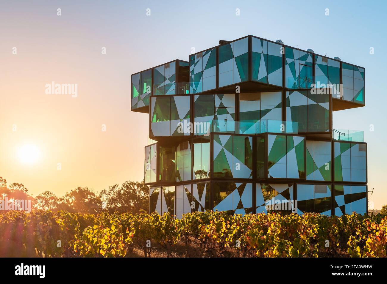 McLaren Vale, Südaustralien - 4. April 2021: The d'Arenberg Cube Building in Vineyards bei Sonnenuntergang. Es umfasst ein Restaurant, einen Weinverkostungsraum, virtuell Stockfoto