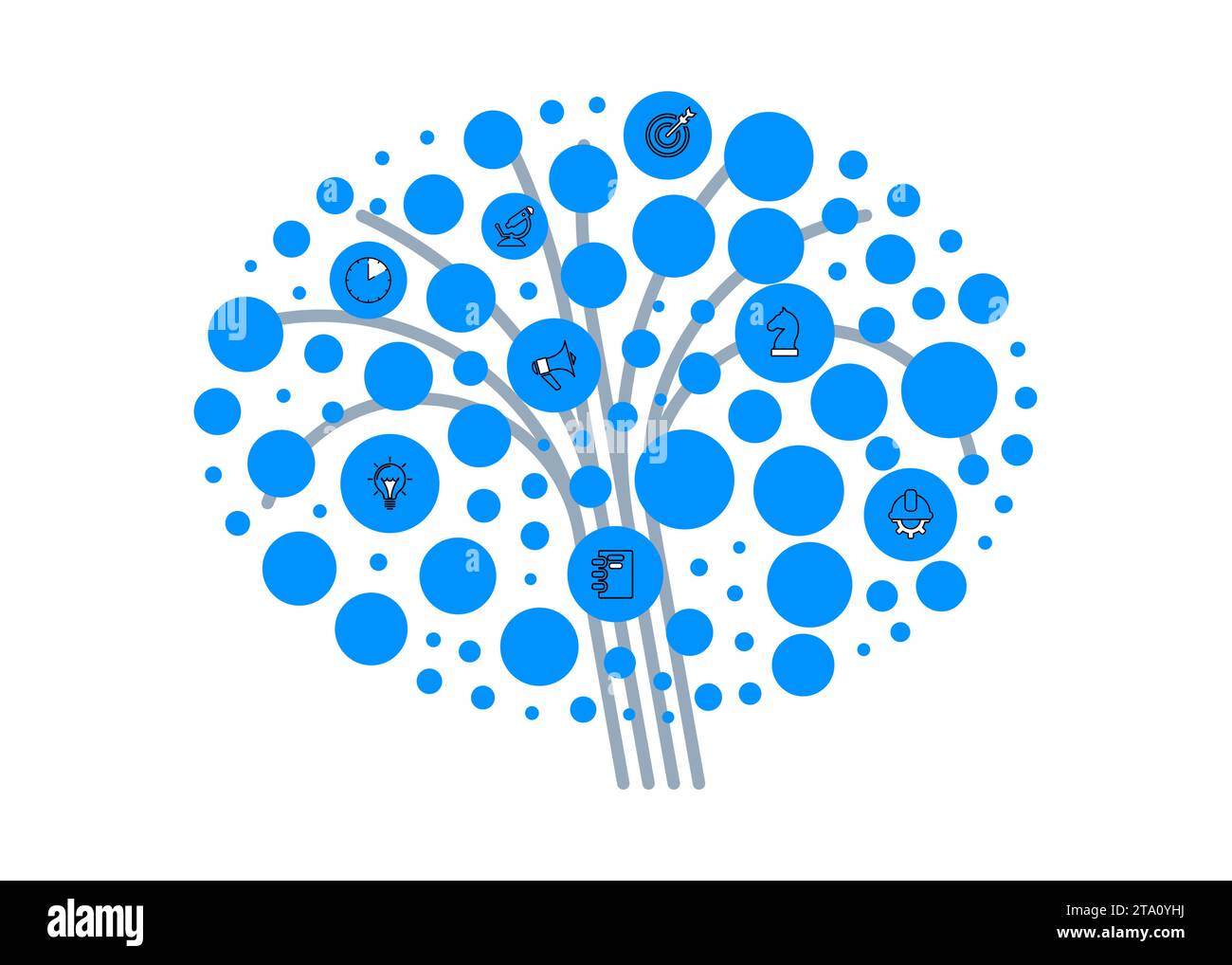 Abstrakter Baum mit blauen Kreisen und Symbolen. Vektor Stock Vektor