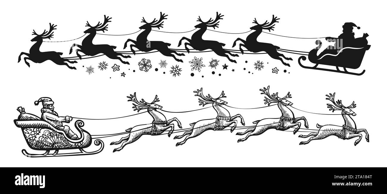 Weihnachtsmann im Schlitten voller Geschenke mit fliegenden Rentieren. Frohe Weihnachten und frohe Neujahrsdekoration Stockfoto
