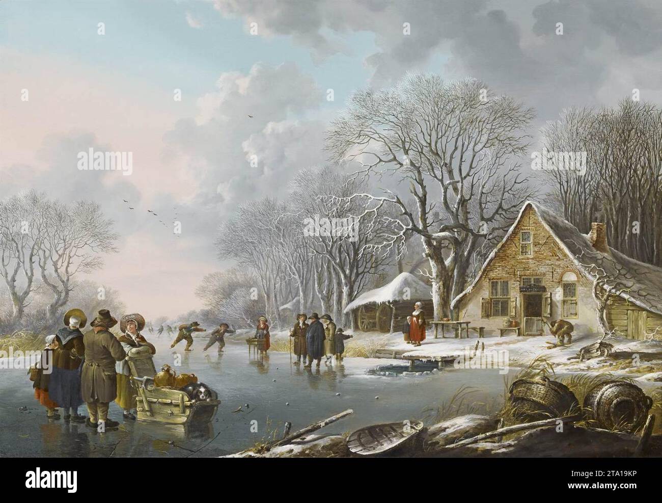 Winterlandschaft mit Skatern und einer Taverne - von Andries Vermeulen Stockfoto