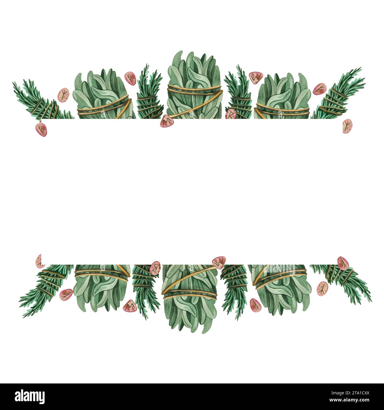 Rechteckiger Rahmen von Kräutern in Aquarellfarben. Kräutersträuße, weißer Salbei, Basilikum zur Aromatherapie und zum Wahrsagen, Runen auf Steinen bemalt Stockfoto