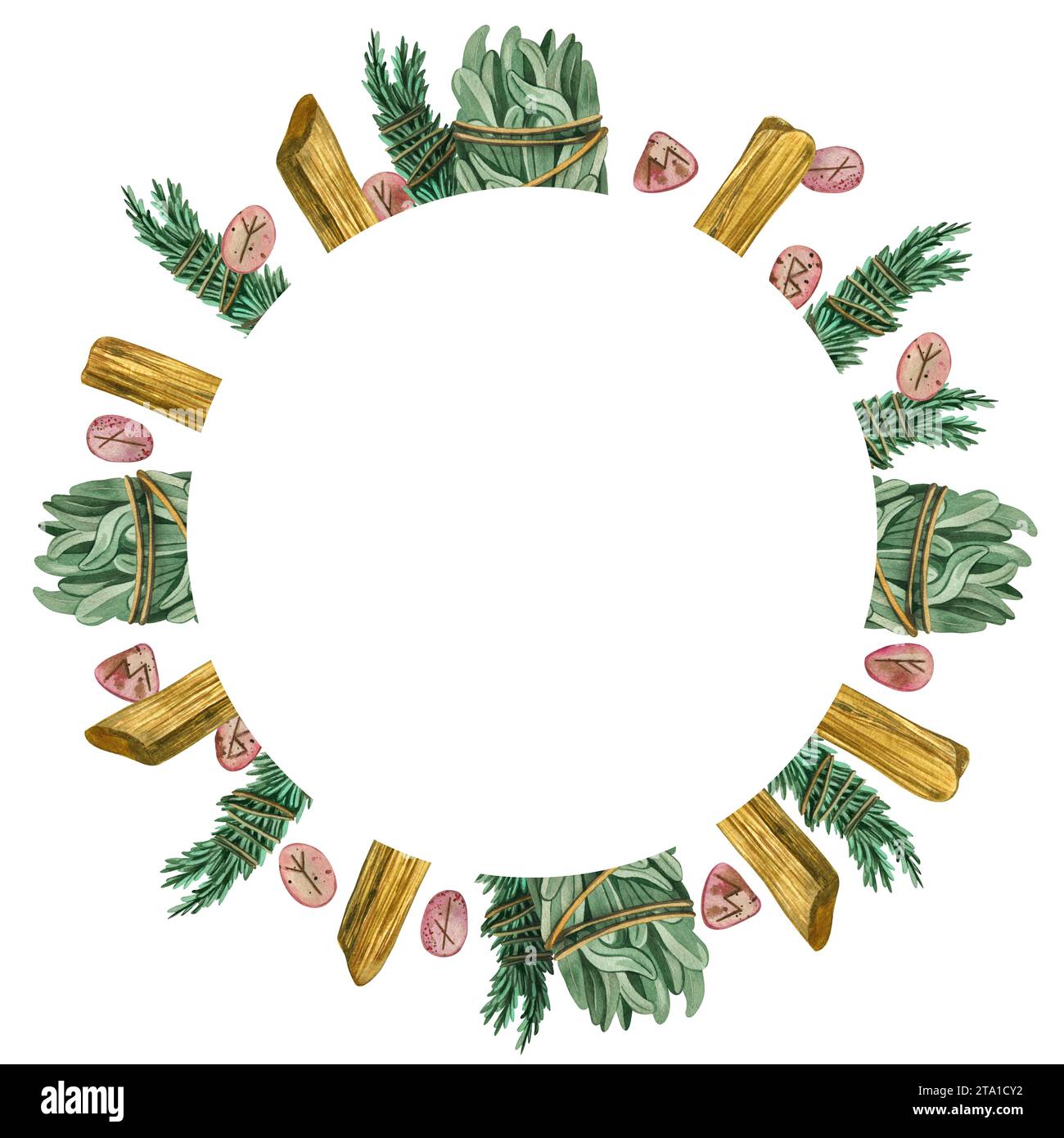 Quadratischer Rahmen mit Aquarellen. Kräutersträuße, Weihrauch für Aromatherapie und Wahrsager, Runen auf mit Aquarell bemalten Steinen. Stockfoto