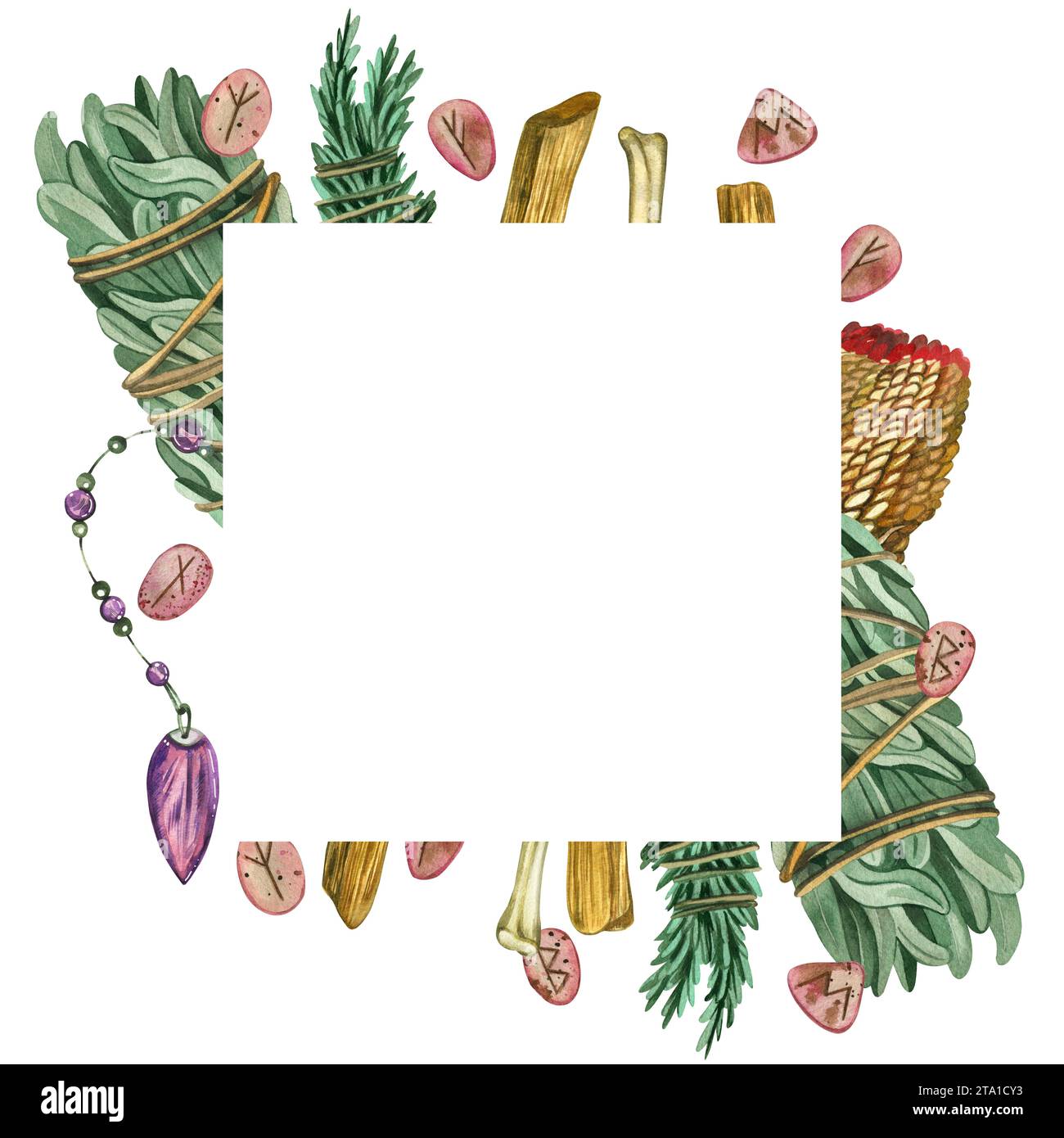 Quadratischer Rahmen mit Aquarell. Kräutersträuße, ein Pendel, Weihrauch, Knochen für Aromatherapie und Wahrsagung, Runen auf Steinen bemalt Stockfoto