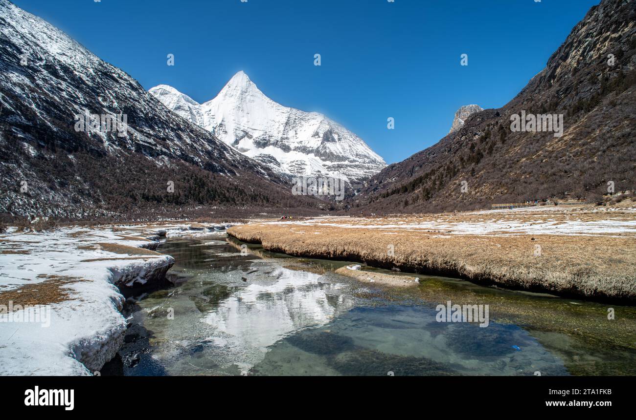 Chonggu Wiese, Wasserspiegelung im Hintergrund mit schneebedeckten Bergen im Yading Nature Reserve, Sichuan, China. Letzte Shangri-la Höhe 4.600 m. Stockfoto Chonggu Wiese, Wasserspiegelung im Hintergrund mit schneebedeckten Bergen im Yading Nature Reserve, Sichuan, China. Letzte Shangri-la Höhe 4.600 m. Stockfoto
