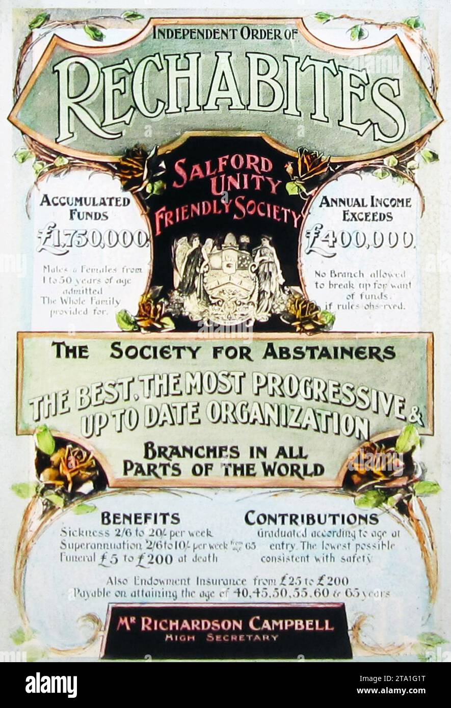 Salford Rechabites Friendly Society Poster, viktorianische Zeit Stockfoto