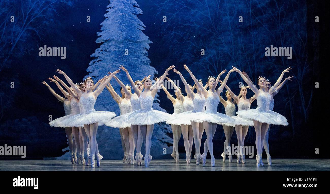 Das Corps de Ballet im NUSSKNACKER präsentiert vom English National Ballet im London Coliseum, London WC2 10/12/2010 Musik: Pyotr Iljitsch Tschaikowsky Dirigent: Gavin Sutherland Choreographie: Wayne Eagling Design: Peter Farmer Beleuchtung: David Richardson Stockfoto