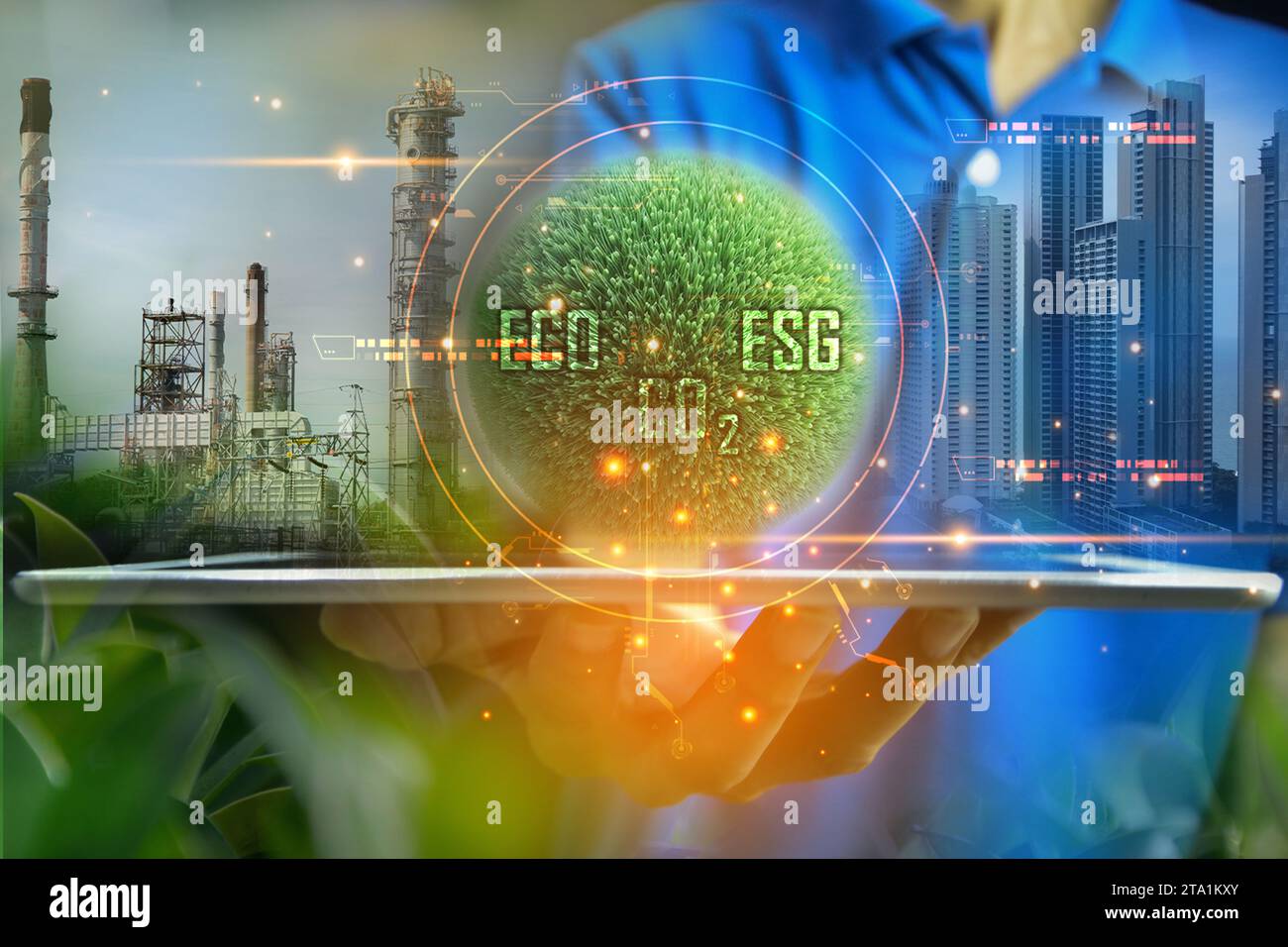 Ideen zur Verringerung der CO2-Emissionen, zur Förderung sauberer Energie für eine grüne Welt und eine grüne Industrie, CO2-Bilanz Stockfoto