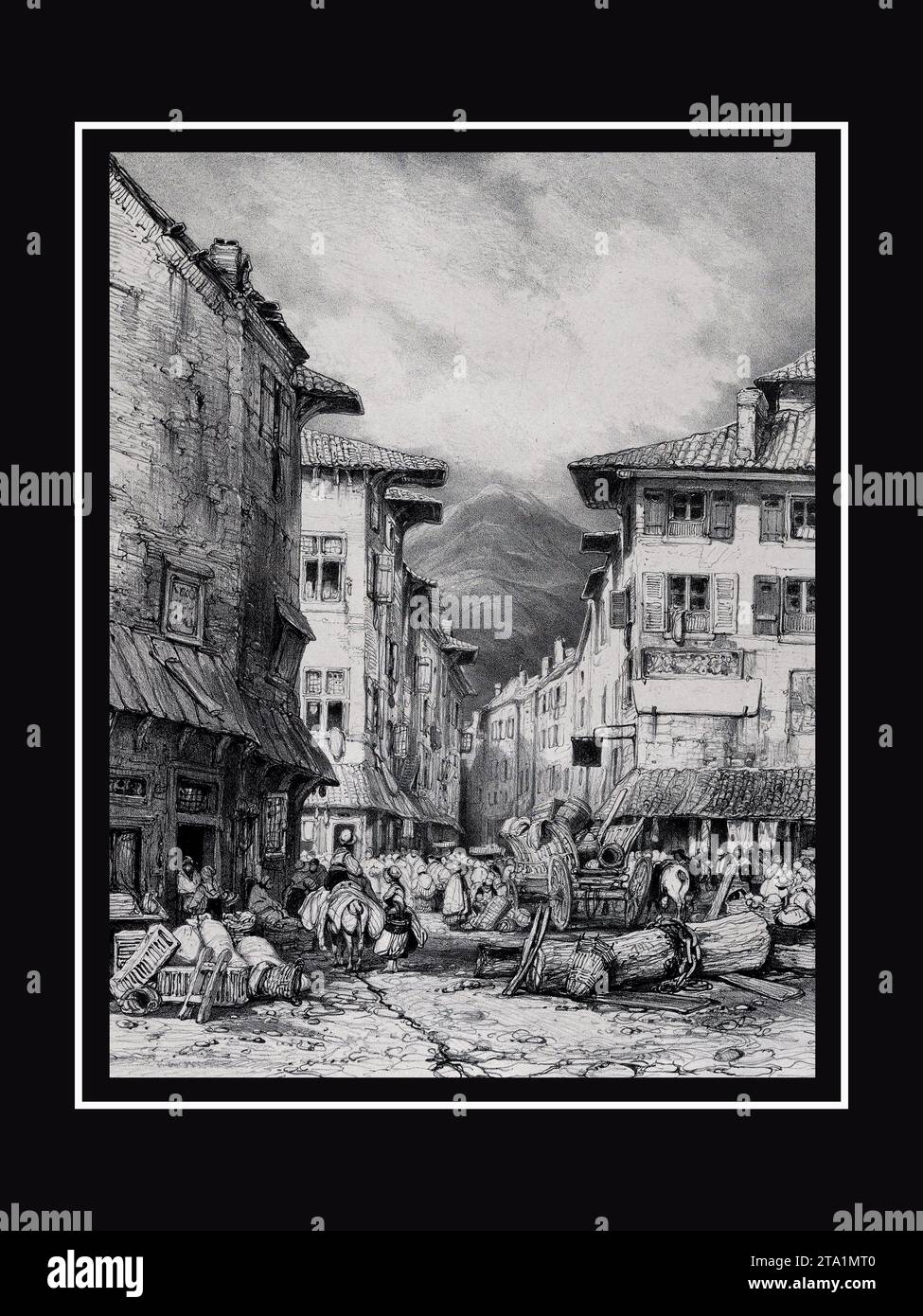 Rue de Gros in Clermont. Eugene Isabey (Französisch, Paris 1803-1886 Lagny) Datum: 1833. Lithografie in Schwarz auf hellgrauem Chine, die colle auf Elfenbein gelegt hat Stockfoto