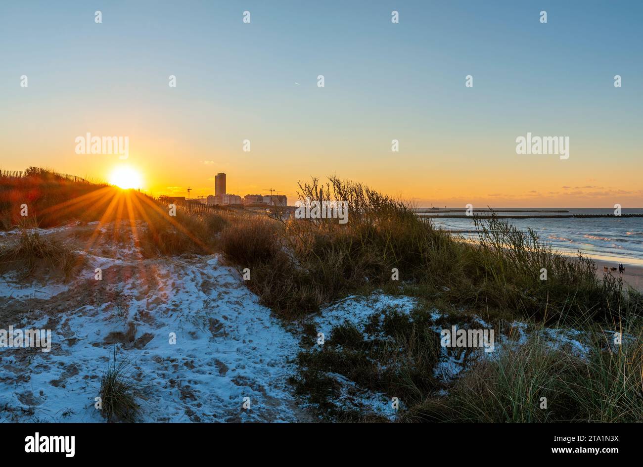 Sanddünen bei Sonnenuntergang im Schnee, Oostende, Belgien. Stockfoto
