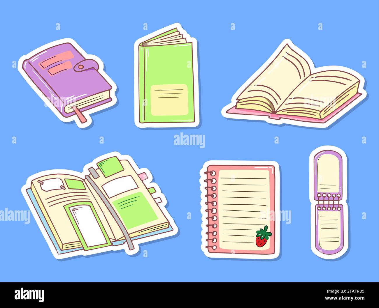 Büchersatz, Planer mit Lesezeichen, Notizbücher. Handgezeichnete Doodle-Aufkleber. Farbige Vektordarstellung isoliert. Stock Vektor