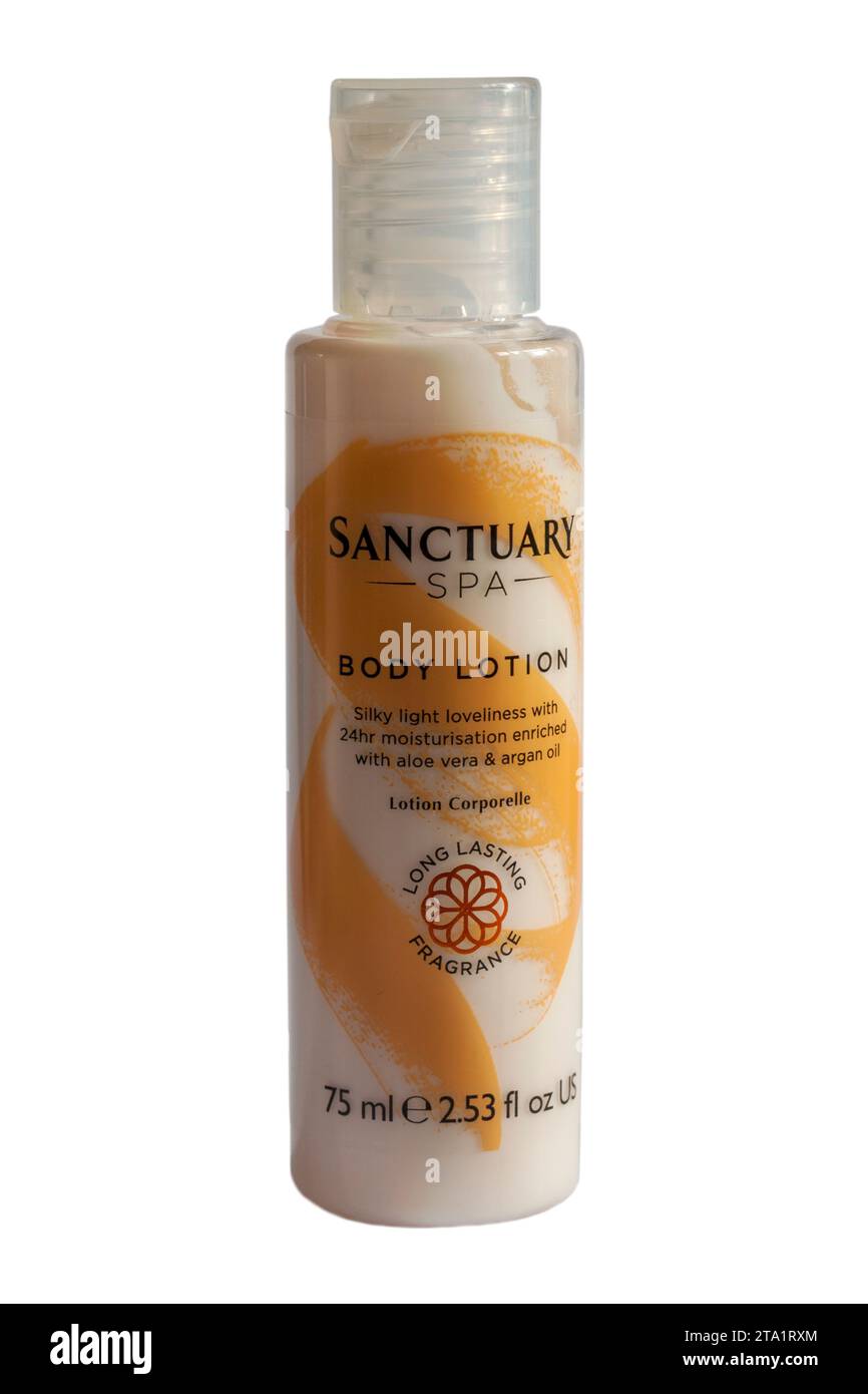 Sanctuary Spa Bodylotion isoliert auf weißem Hintergrund Stockfoto