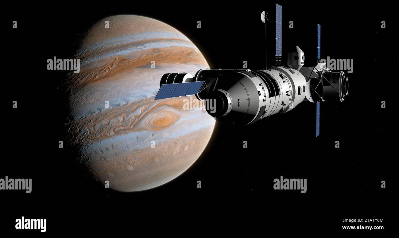 Raumstation in Jupiters Umlaufbahn. Stockfoto