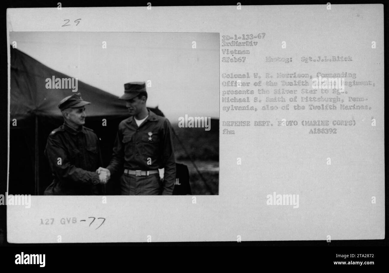 Colonel W. R. Morrison vom Twelfth Marine Regiment überreicht den Silver Star am 8. Februar 1967 während des Vietnamkriegs an Sergeant Michael B. Smith aus Pittsburgh, Pennsylvania. Die Zeremonie wurde von Sgt. J.I. Blick als Teil der Sammlung des Verteidigungsministeriums fotografiert. Stockfoto