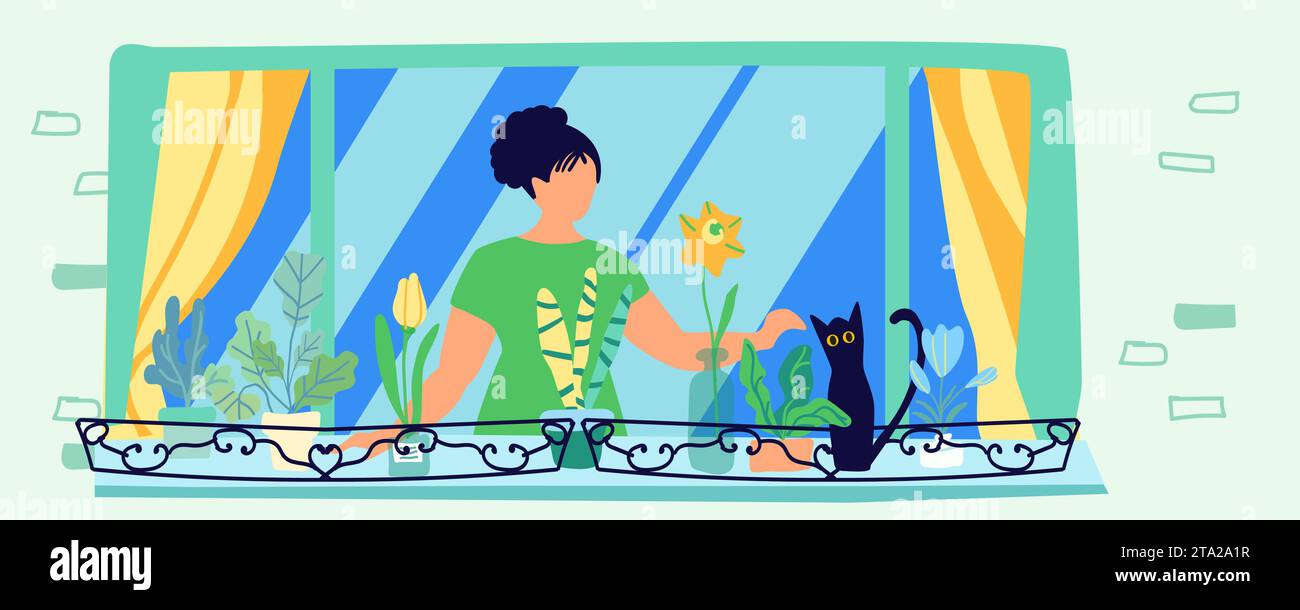 Frau auf dem Balkon mit einer Katze und Zimmerpflanzen. Selbstversorgung. Die Blumen auf dem Balkon. Hobby. Das Konzept der Harmonie und Selbstfürsorge, der Aufbau einer glücklichen Innenwelt und eines wohlhabenden Lebensstils Stock Vektor