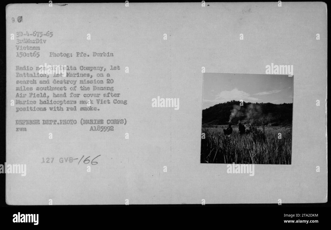 Marine-Funkleute der Delta Company, 3. Marine-Division, sind auf dem Weg zur Deckung während einer Such- und Zerstörungsmission 20 Meilen südwestlich des Dansing Air Fields in Vietnam. Marinehubschrauber markieren die Positionen der Viet Cong mit rotem Rauch. Dieses Foto wurde am 15. Oktober 1965 von PFE aufgenommen. Durbin. (DEFENSE DEPT.FOTO, MARTHE CORFS, A185992) Stockfoto