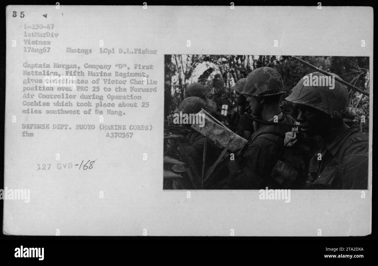 Captain Morgan, ein Mitglied der Kompanie D aus dem Ersten Bataillon, dem Fifth Marine Regiment, wird beobachtet, wie er während der Operation Cochise, die etwa 25 Meilen südwestlich von da Nang am 17. August 1967 stattfand, Koordinaten einer vietnamesischen Cong-Position an einen vorderen Air Controller mit dem PRC-25-Funkgerät lieferte. Dieses Foto wurde von Corporal D.L. Fisher von der 1. Marine Division aufgenommen. Stockfoto