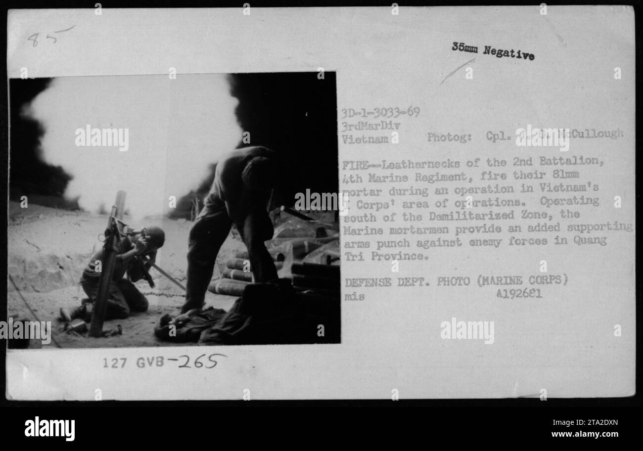 2. Bataillon, 4. Marine-Regiment, feuerte 1969 81 mm Mörser in der Provinz Quang Tri, südlich der entmilitarisierten Zone, Vietnam, ab, um feindliche Truppen zu unterstützen. Foto von CPL J. G. McCullough dokumentiert amerikanische Militäroperationen. Stockfoto