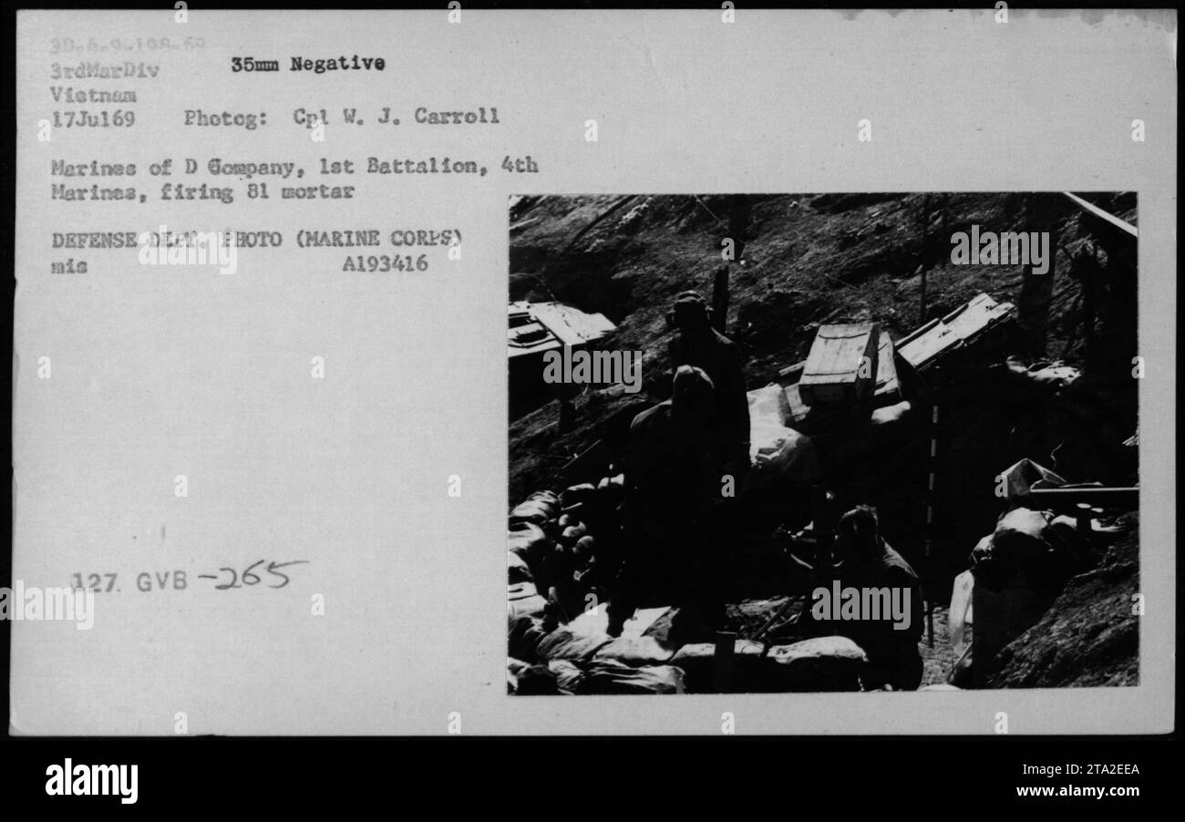 Am 17. Juli 1969 starteten die Marines der D Company, 1. Bataillon, 4. Marines, 81-mm-Mörserschüsse während Operationen in Vietnam. Foto von CPL W.J. Carroll, Verteidigungsministerium, Marine Corps, dokumentiert militärische Aktivitäten und Feuerkraft im Kampf. Stockfoto