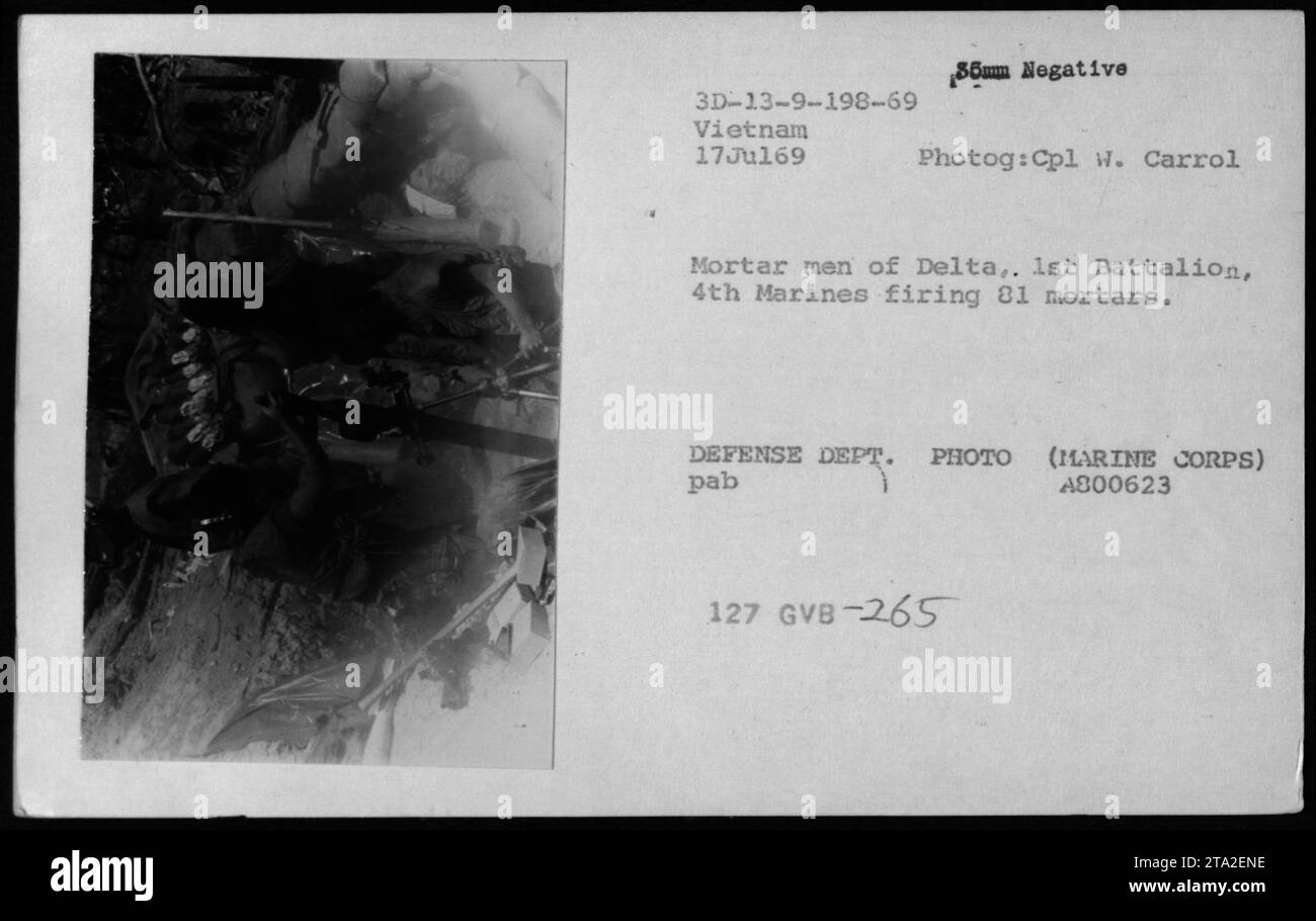 Delta Company, 1. Bataillon, 4. Marines, feuerte am 17. Juli 1969 81-mm-Mörser in Vietnam ab, was die amerikanischen militärischen Kampfeinsätze und Artillerieeinsätze veranschaulicht. Foto von CPL W. Carrol dokumentiert Aktivitäten des Marine Corps. Stockfoto