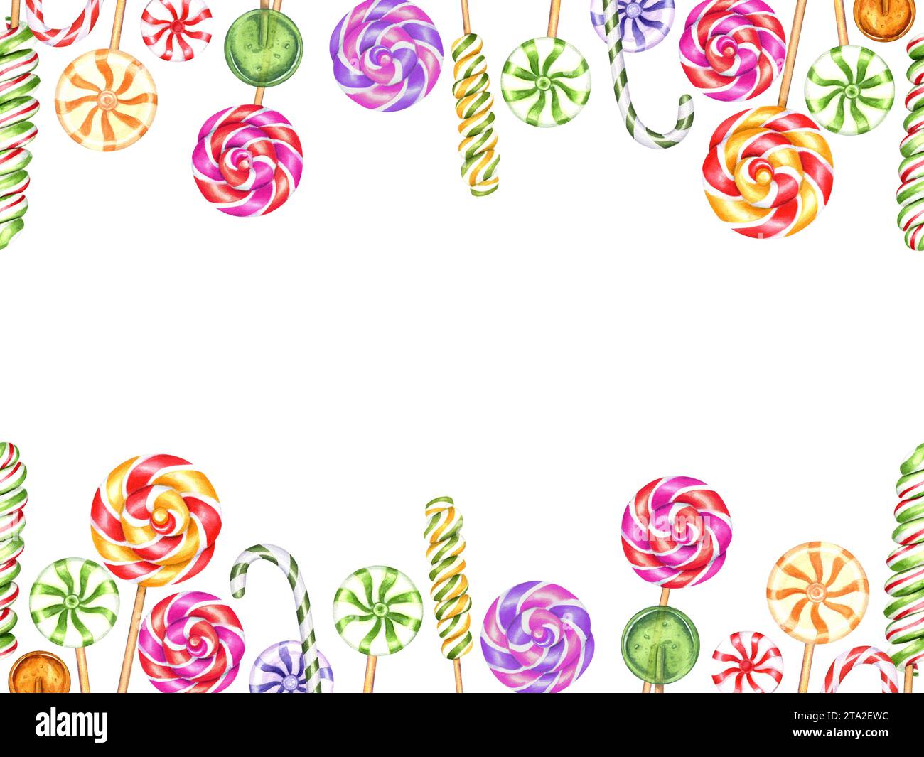 Horizontaler Rahmen von Mischlutschen. Bunte Spirale, runde Süßigkeiten, Bonbon mit gestreiften Strudeln, Zuckerkaramell am Stock. Kopierbereich für Text. Stockfoto