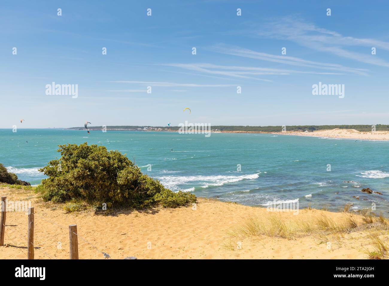 Blick auf den Strand Pointe du Payre, Jard sur Mer, Frankreich an einem Sommertag, Vendée, Frankreich Stockfoto