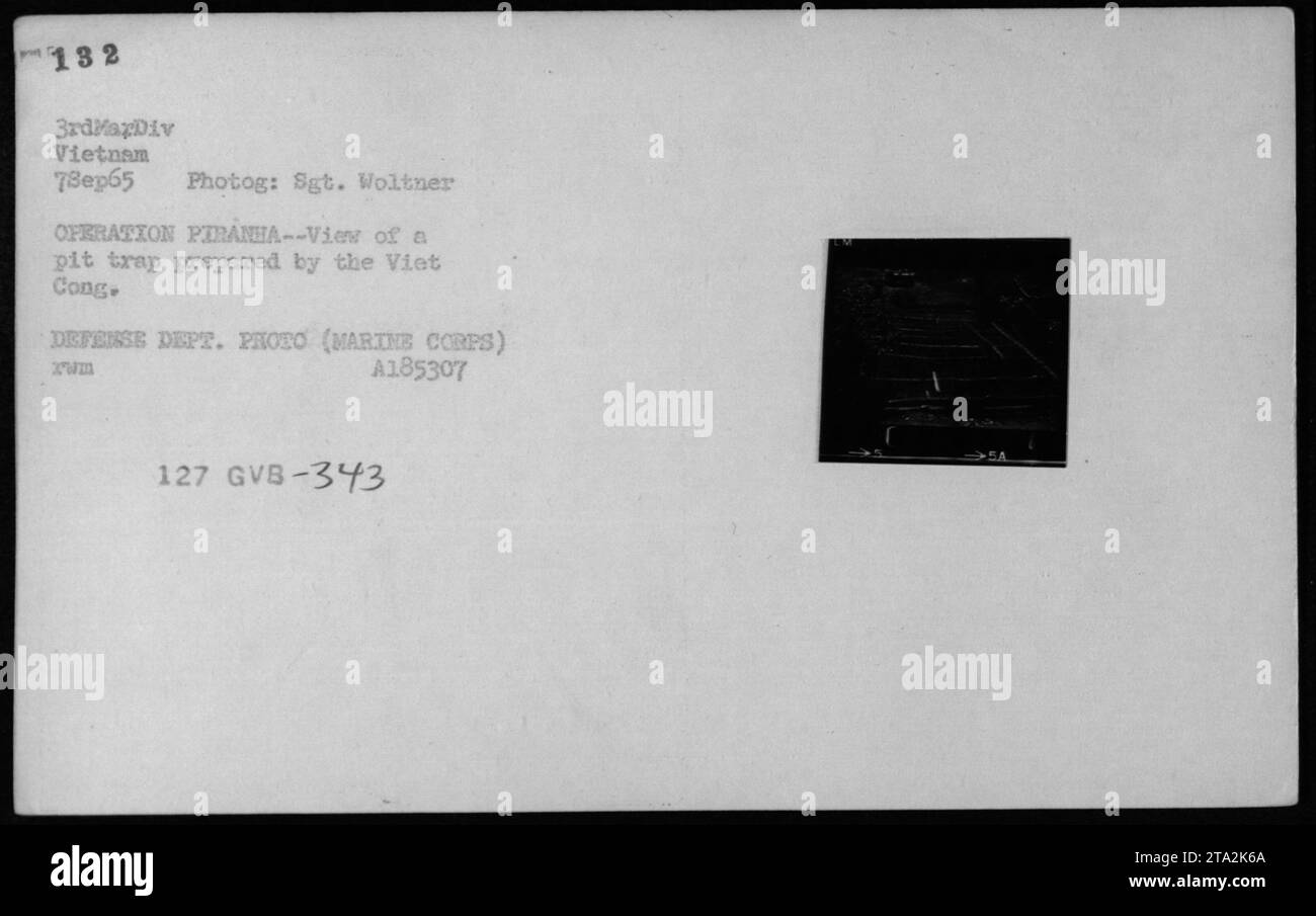 Dieses Foto, das am 7. September 1965 von Sgt. Woltner aufgenommen wurde, zeigt eine Grubenfalle, die vom Viet Cong während der Operation PIRANHA vorbereitet wurde. Das Bild ist Teil einer Sammlung mit dem Titel „Fotografien amerikanischer Militäraktivitäten während des Vietnamkriegs“. Die Szene zeigt eine Vielzahl von Fahrzeugen, darunter Jeeps, „Maultiere“, Trucks und Dünenbuggies in Vietnams 3rdMapDiv am 7. September 1965. Das Verteidigungsministerium stellte das Foto mit der Identifikationsnummer A185307 127 GVB-343 zur Verfügung. Stockfoto