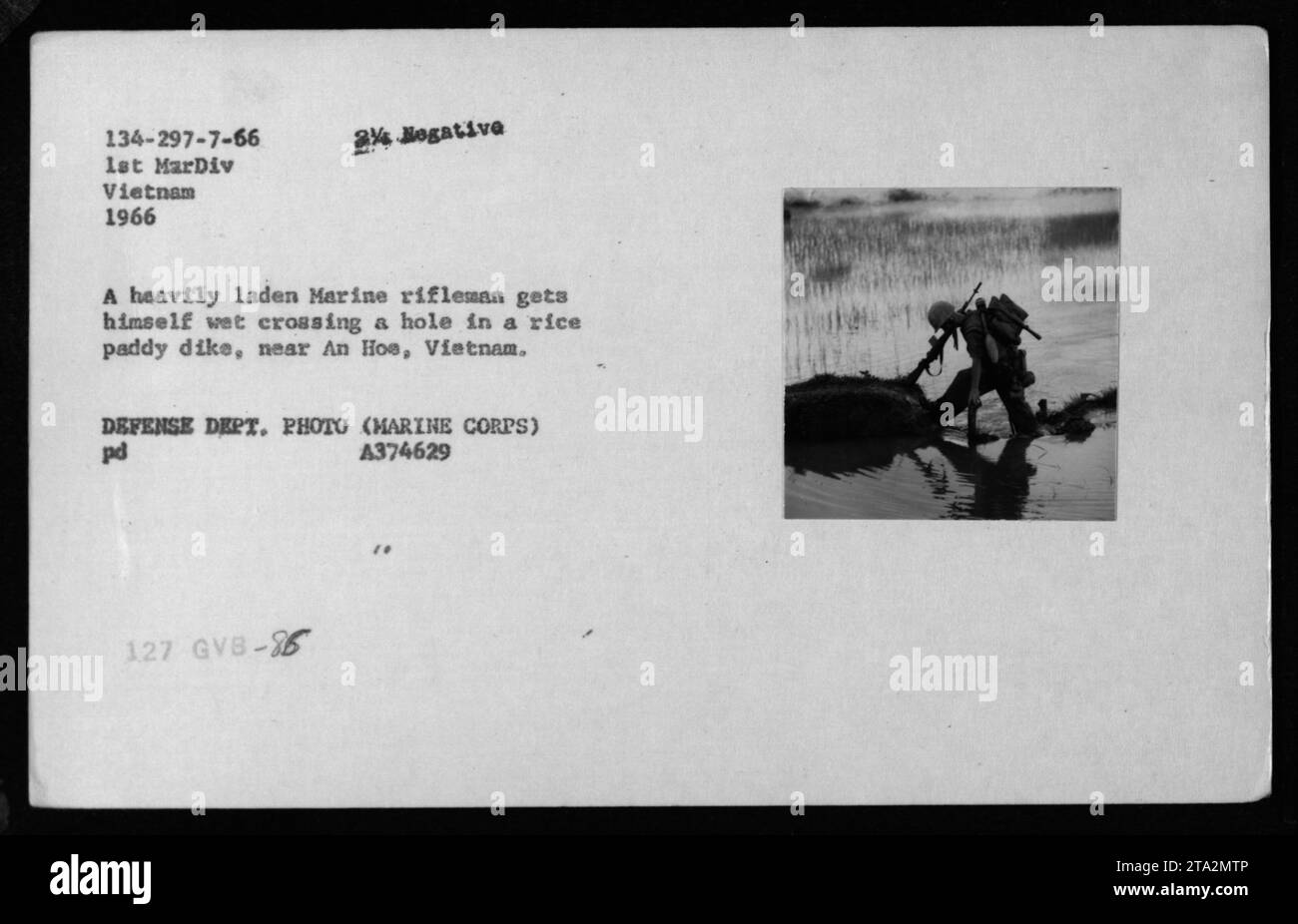 Ein Marineschützer überquert 1966 ein Loch in einem Reisdeich in der Nähe von an Hoe, Vietnam. Das Bild zeigt den Marine, der mit Ausrüstung voll beladen ist und nass wird. Dieses Foto wurde während der Kampfeinsätze der 1. Marine Division in Vietnam aufgenommen. Stockfoto