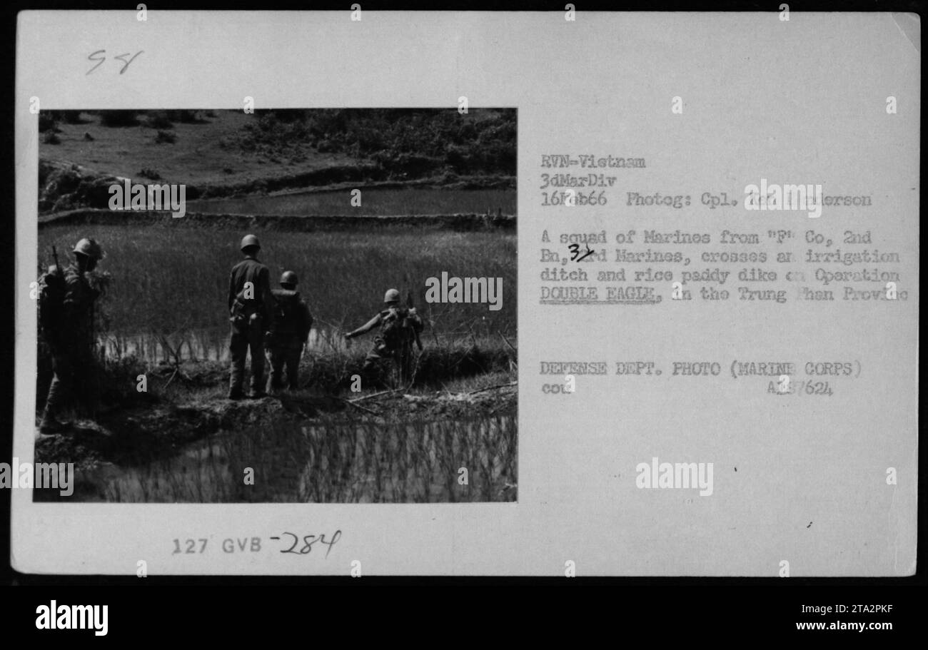 Ein Trupp von Marines der 'Charlie' Company, 2. Bataillon, 3. Marines, überquert einen Bewässerungsgraben und einen Reisfelddeich während der Operation DOPPEL FAGLE in der Provinz Trung Phan. Dieses Foto wurde am 16. Februar 1966 von CPL Kon I. Anderson aufgenommen. Stockfoto