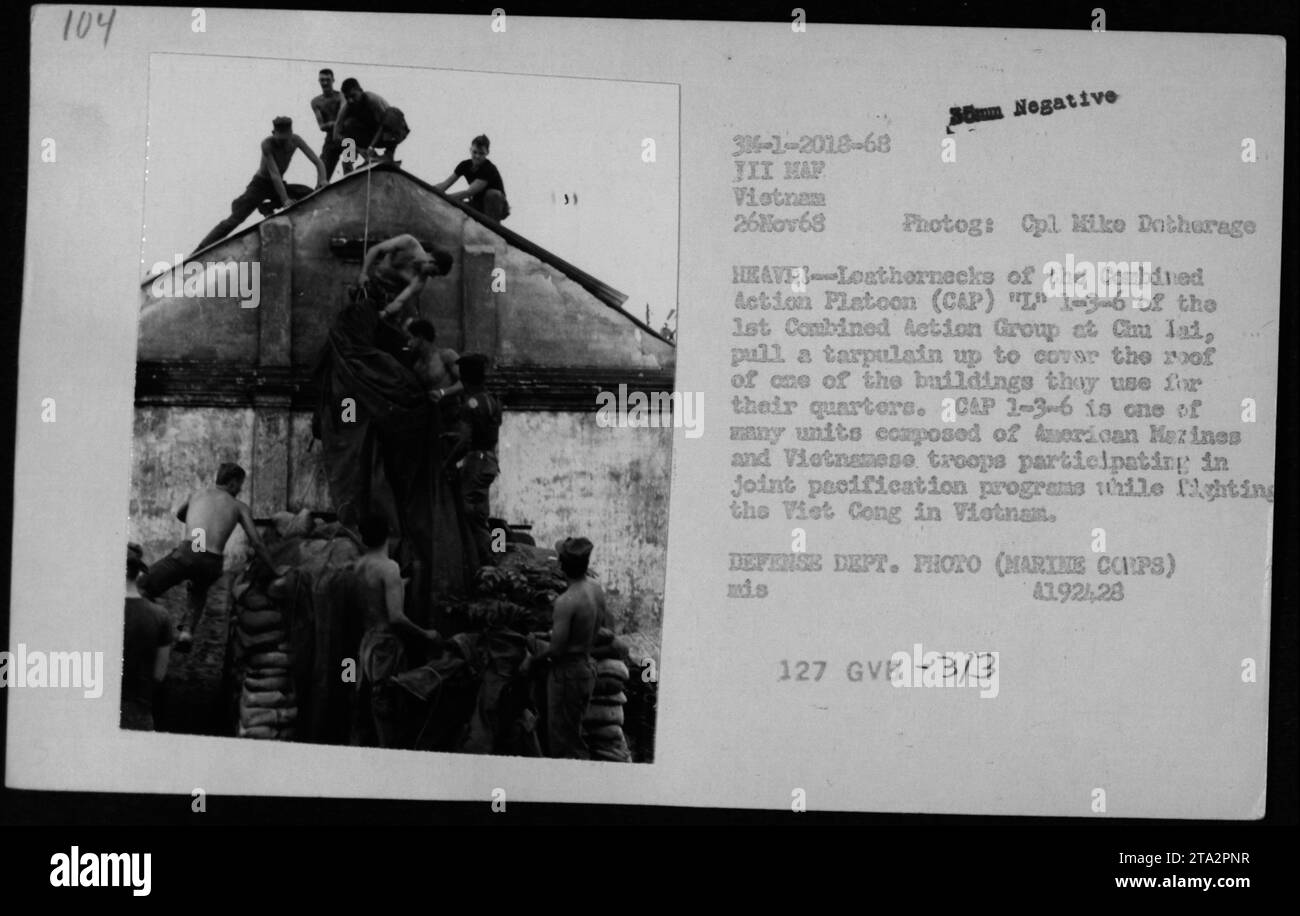 Armee der Republik Vietnam Soldaten und amerikanische Marines vom Combined Action Zug 'L' 1-3-6 in Chu Lai werden gesehen, wie sie eine Plane ziehen, um das Dach eines ihrer Gebäude zu bedecken, das für Quartiere genutzt wurde. Diese Einheit ist Teil der gemeinsamen Befriedungsbemühungen bei der Bekämpfung des Vietnam-Cong. Foto am 26. November 1968. Stockfoto