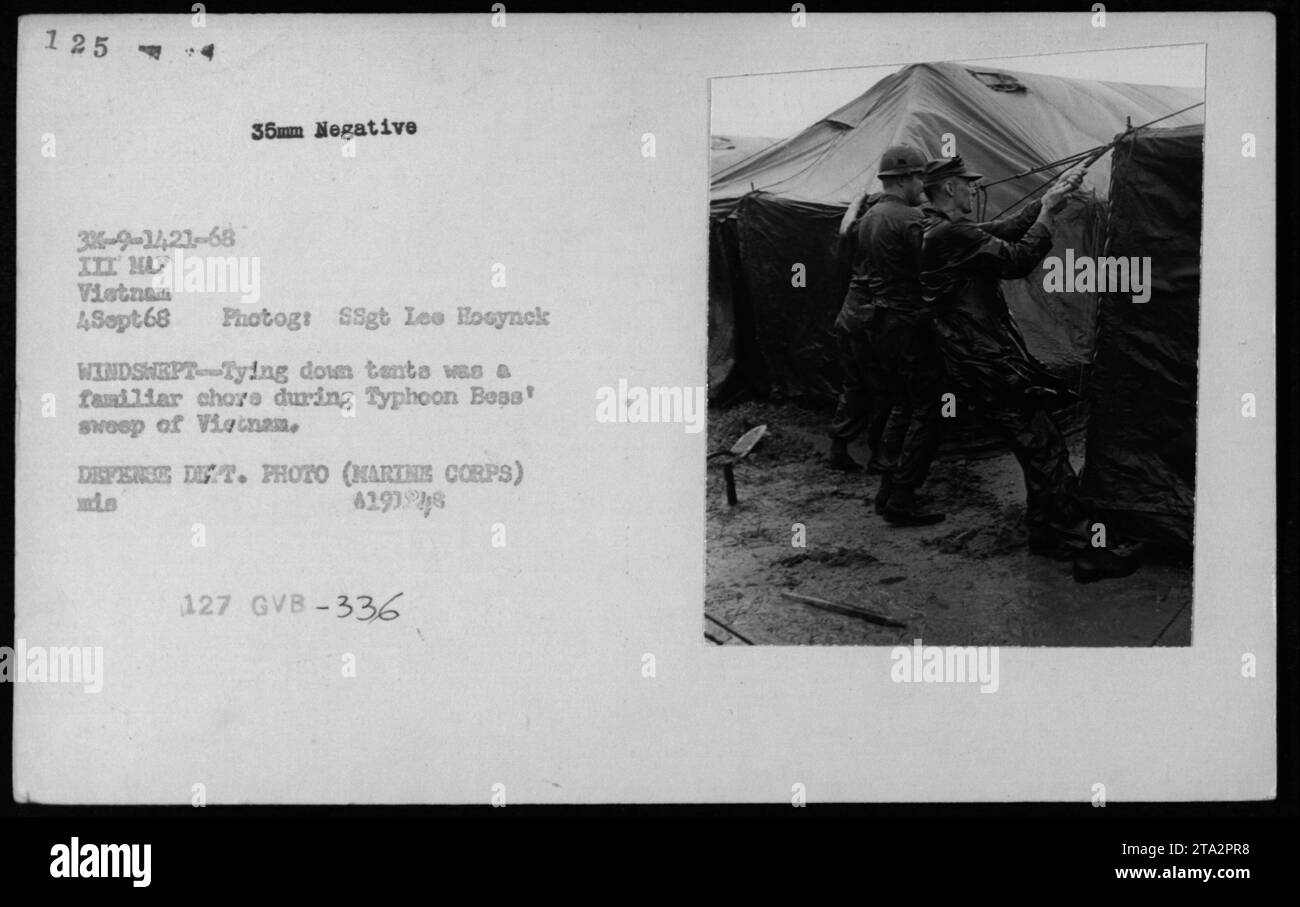 US-Militärangehörige, die Zelte und Unterkünfte während des Taifuns Bess in Vietnam am 4. September 1968 abbinden. Dieses Foto zeigt die häufige Aufgabe der Sicherung von Bauwerken bei widrigen Wetterbedingungen. Fotograf: SSgt Lee Hocynek. Stockfoto