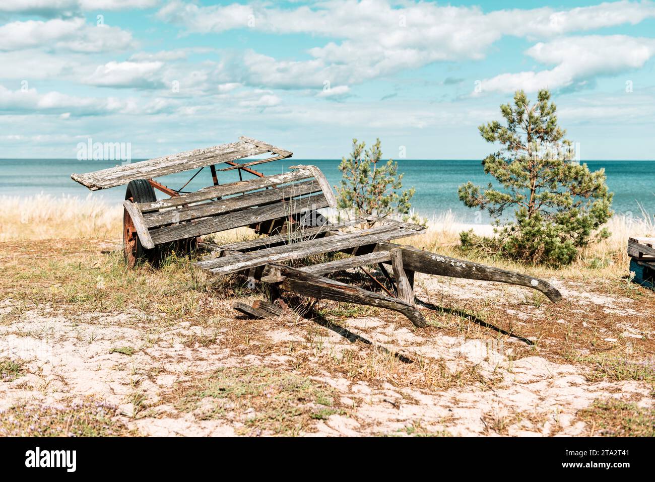 Eine barrow aus Holz und Metall im Sonnenschein verfällt und verrottet am Strand vor der Ostsee in Hanö Bay, Skåne, Schweden Stockfoto