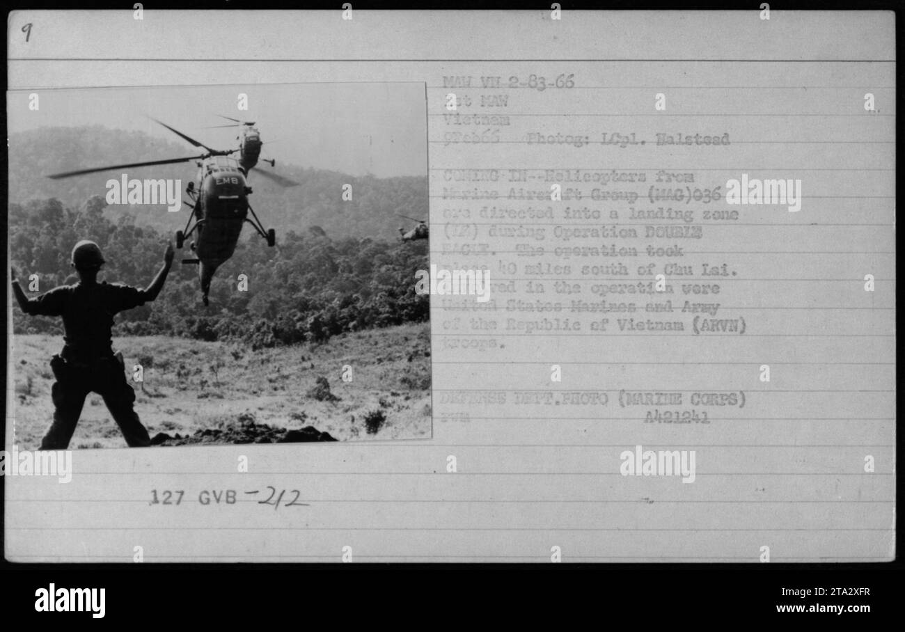 „Hubschrauber der Marine Aircraft Group (AG) 036 werden während des Flugbetriebs DOUBLE FACIE am 9. Februar 1966 in eine Landezone geleitet. Die Operation fand 40 Meilen südlich von Chu Lai statt und beteiligte sich an US-Marines und Armee der Republik Vietnam (ARVN). Foto des Verteidigungsministeriums (Marthe Cores), LCpl. Halstead.“ Stockfoto