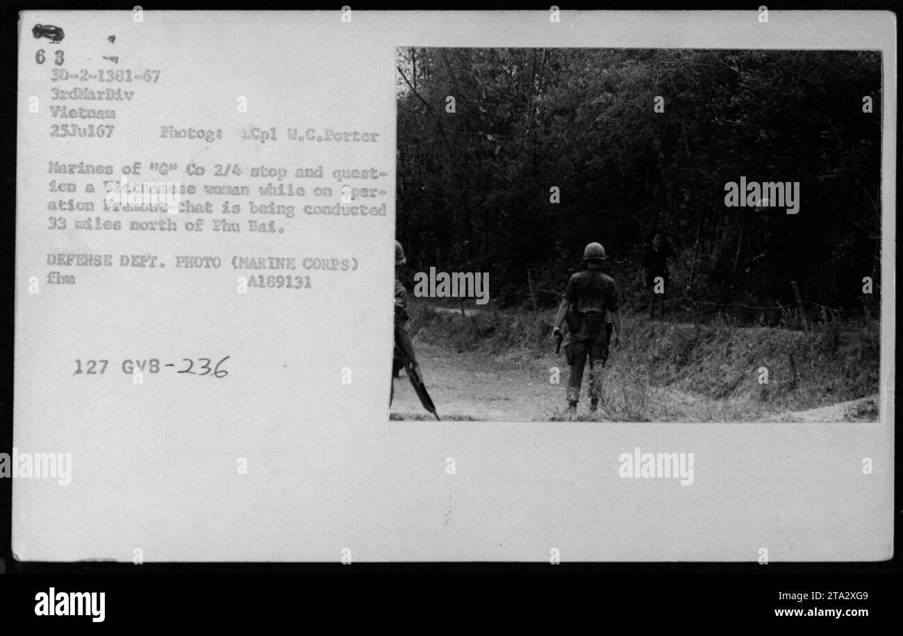 Am 25. Juli 1967 halten Soldaten des Marine Corps von G Co 2/4 an und befragen eine vietnamesische Frau während der Operation Fremont nördlich von Phu Bai, Vietnam, die als Dolmetscher fungiert und Informationen sammelt. Stockfoto