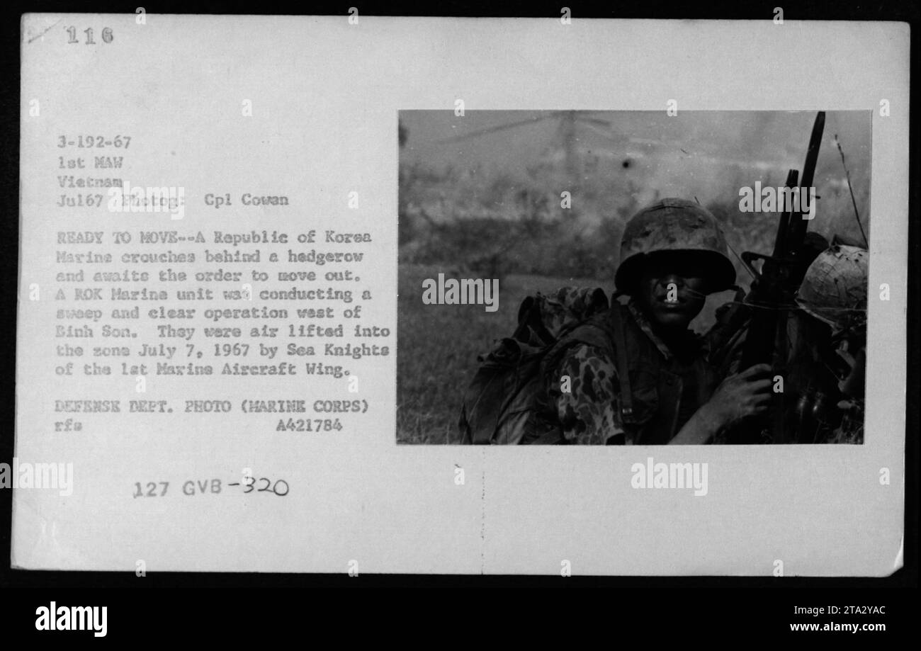 Die Marinesoldaten der Republik Korea nehmen an einer Operation westlich von Binh Son während des Vietnamkriegs Teil. Auf diesem Foto, das im Juli 1967 von CPL Covan aufgenommen wurde, hockt sich ein ROK Marine hinter einer Hecke, um nach Eingang von Bestellungen auszuziehen. Sie wurden von Sea Knights des 1. Marineflugzeugflügels in die Zone gebracht. Stockfoto