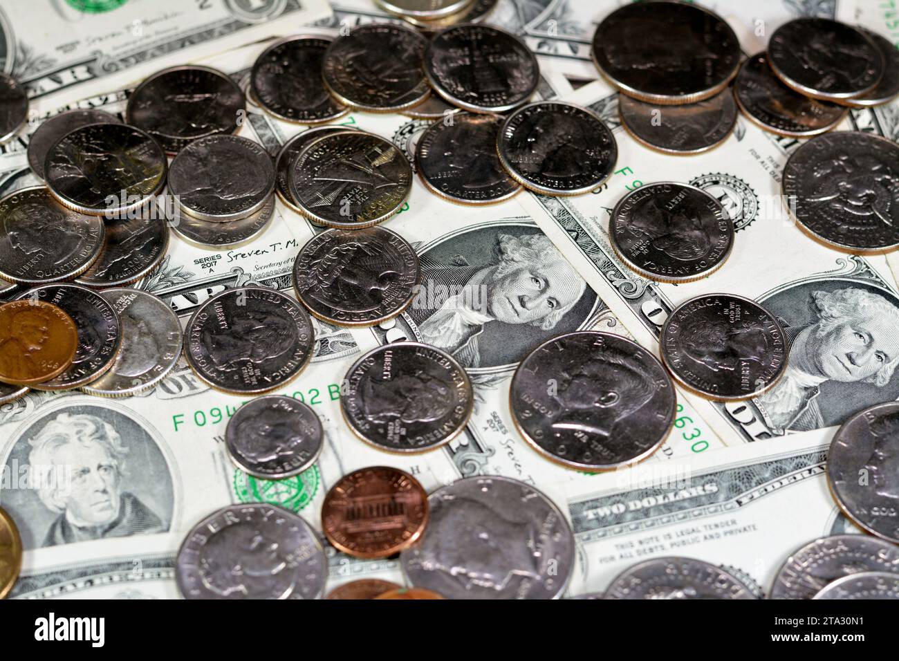 US-Dollar alte Geldscheine und Münzen, Vintage Retro alte Vereinigte Staaten von Amerika Geldhintergrund, Wechselkurs, Wirtschaftskonzept, Stockfoto