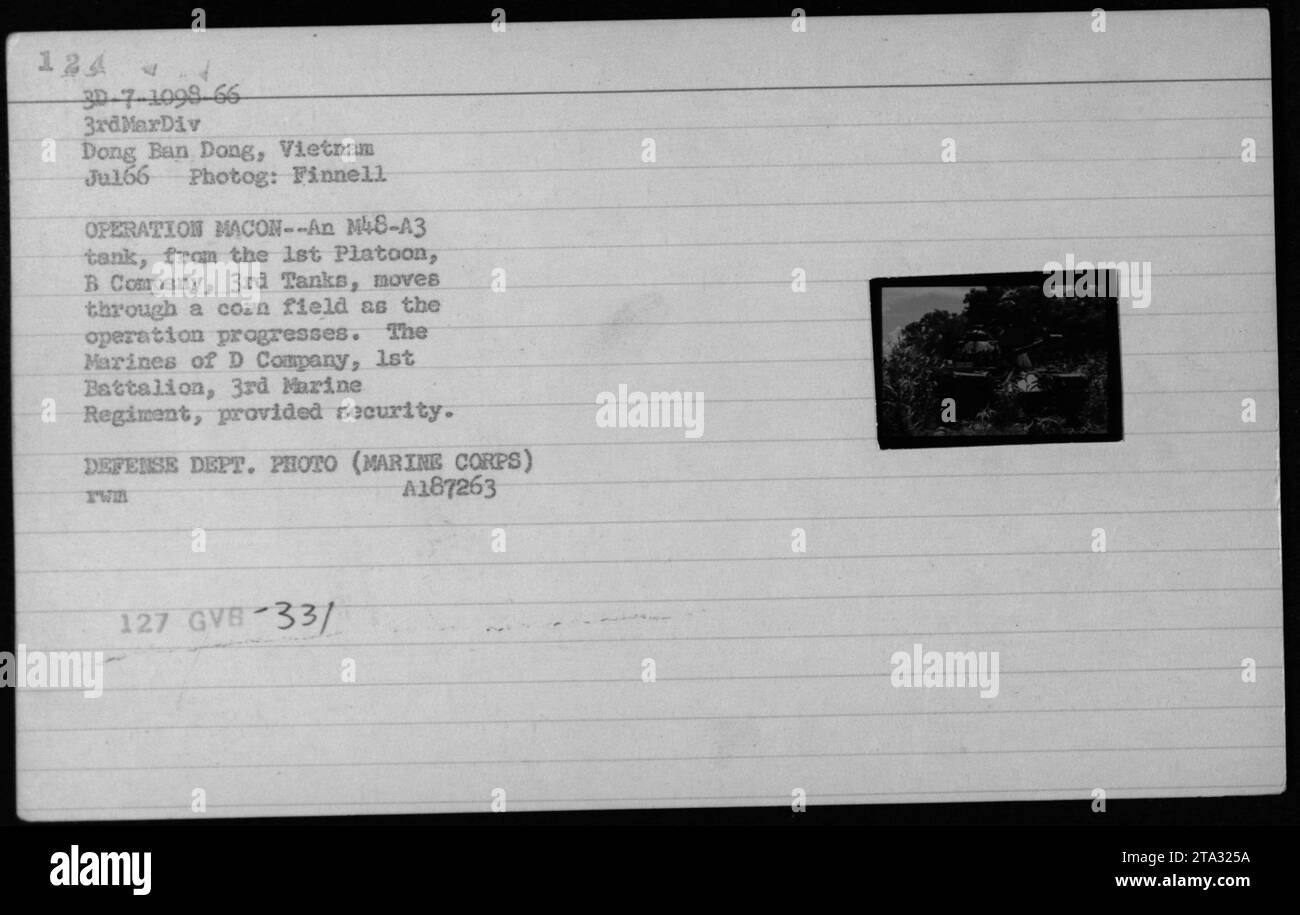 Im Juli 1966, während der Operation Macon, ein Panzer M48-A3 der 1st Platoon, B Kompanie, wurden 3rd Tanks durch ein Maisfeld in Dong Ban Dong, Vietnam transportiert, wobei D Company, 1st Bataillon, 3rd Marine Regiment, die Sicherheit bereitete. Stockfoto