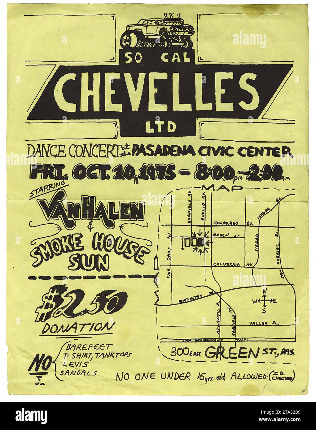Van Halen, Tanzkonzert 'Chevelles LTD' Pasadena Civic Center - Smoke House Sun - Concert Handbill (1975). Stockfoto