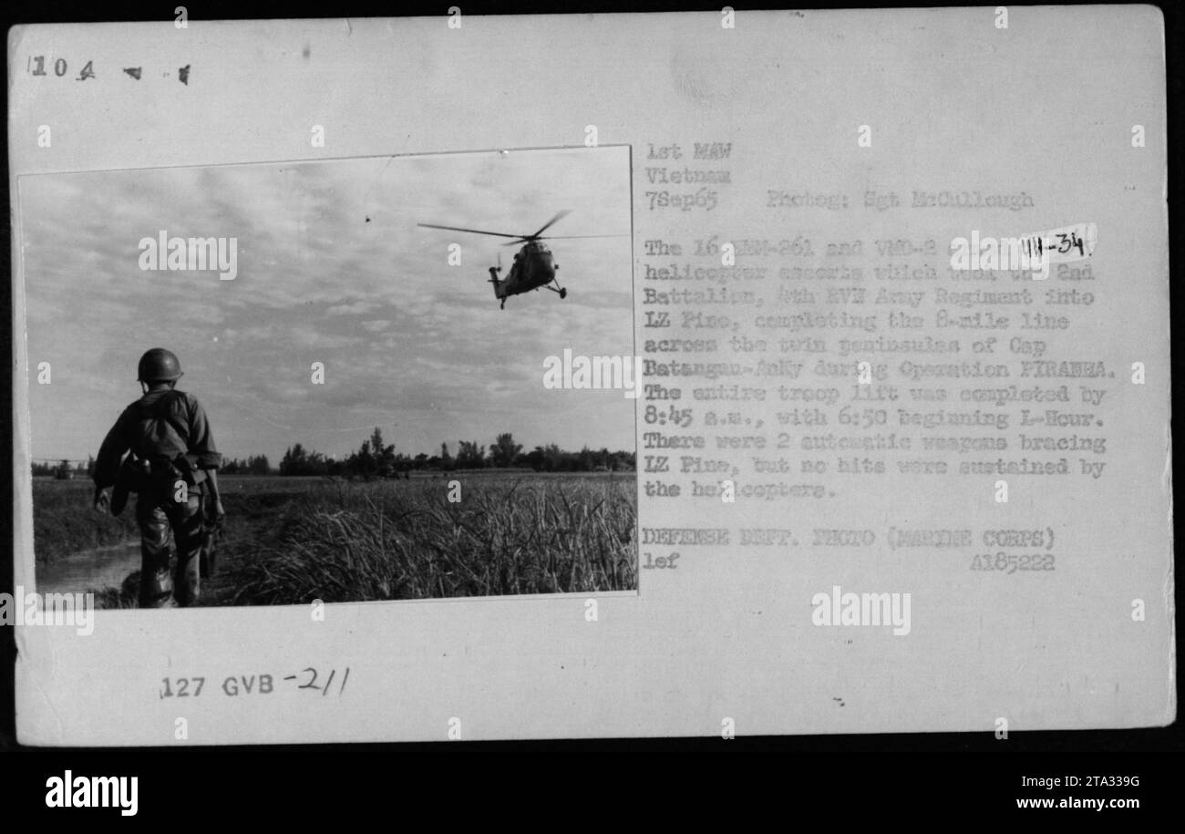 Amerikanische Hubschrauber, die während der Operation PIRANHA einen Truppenlift für das 2. Bataillon, 3. Marine-Regiment, bereitstellen. Die Hubschrauber, einschließlich U-34 und 0-2, eskortierten das Bataillon in die Landing Zone Pino, nachdem sie eine 8-Meilen-Linie über Cap Batangau-Anlly fertiggestellt hatten. Die Operation wurde am 7. September 1965 ab 6:50 Uhr durchgeführt, ohne dass die Hubschrauber beschädigt wurden, obwohl zwei feindliche automatische Waffen in der Nähe des LZ Pino vorhanden waren. Stockfoto
