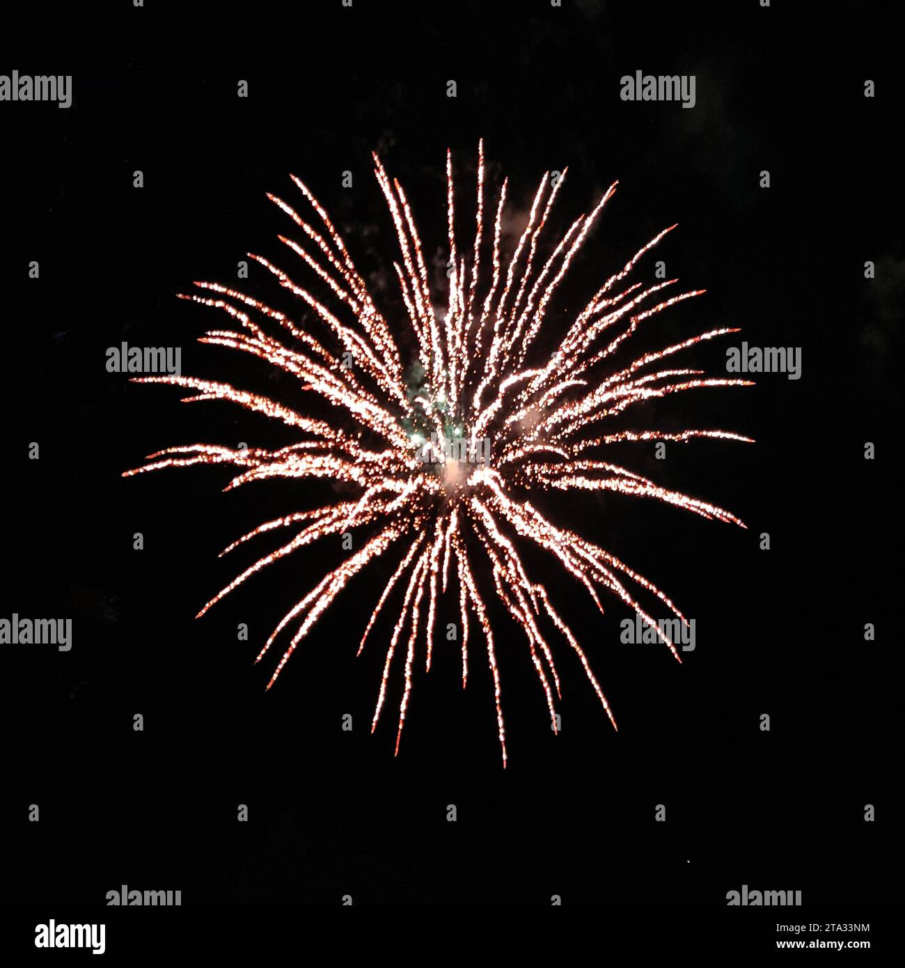 Kreisförmige Explosion eines echten Feuerwerks auf schwarzem Hintergrund für den Überlagerungsmodus Stockfoto